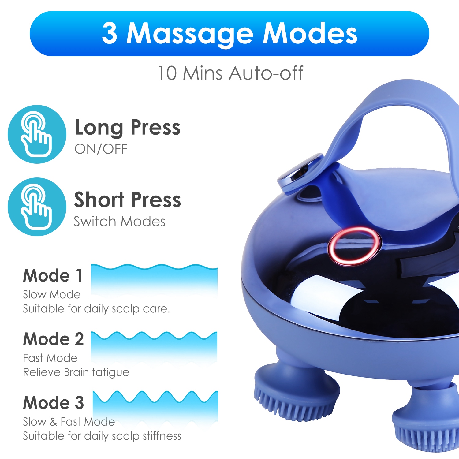 Masajeador Eléctrico para Cabeza Rechargeable con Luz Roja IPX7 Resistente al Agua para Perros, Gatos y Humanos - 3 Modos de Masaje y 12 Clavos de Masa — imagen 6