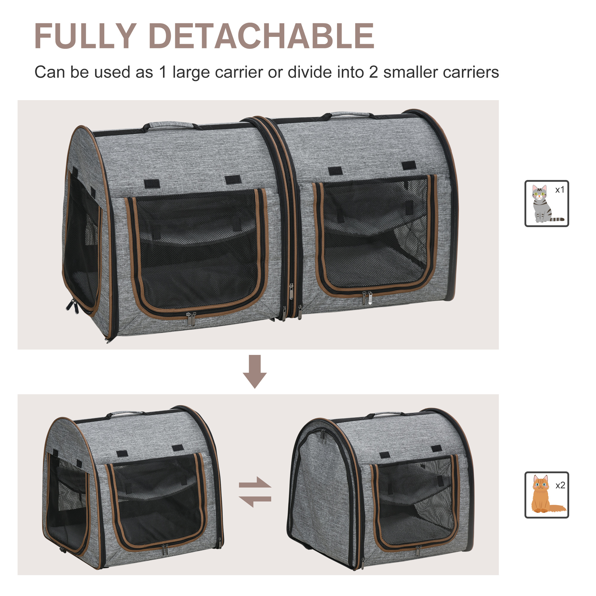 Portátil Transporte de Mascotas para Gatos con Divisor, Dos Compartimentos, Revestimiento y Bolsa de Almacenamiento, Gris — imagen 7