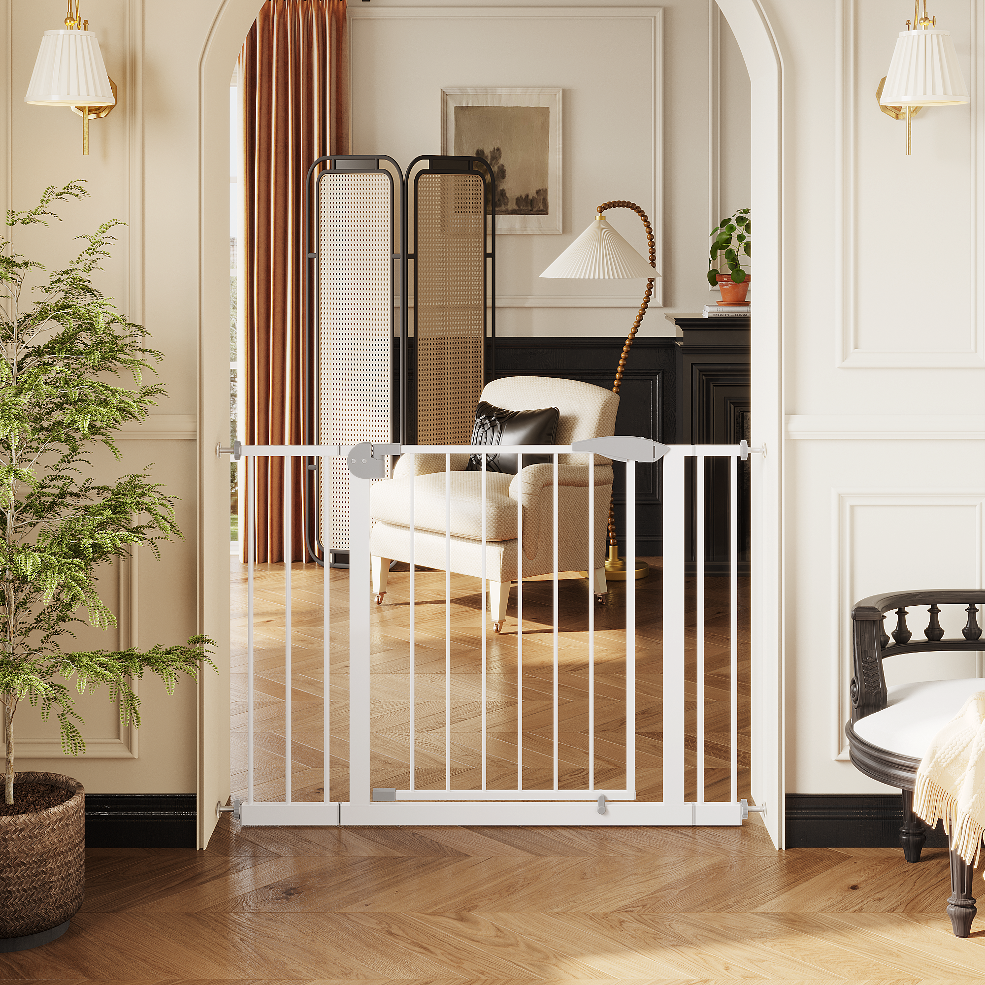 2 Pack 29.5-44.1" Wide Baby Gate for Stairs, Dog Gate Indoor for Doorways, No Drilling Pressure Mounted Pet Gates for Kids, Easy Walk Through Safety Gate, White — image 11