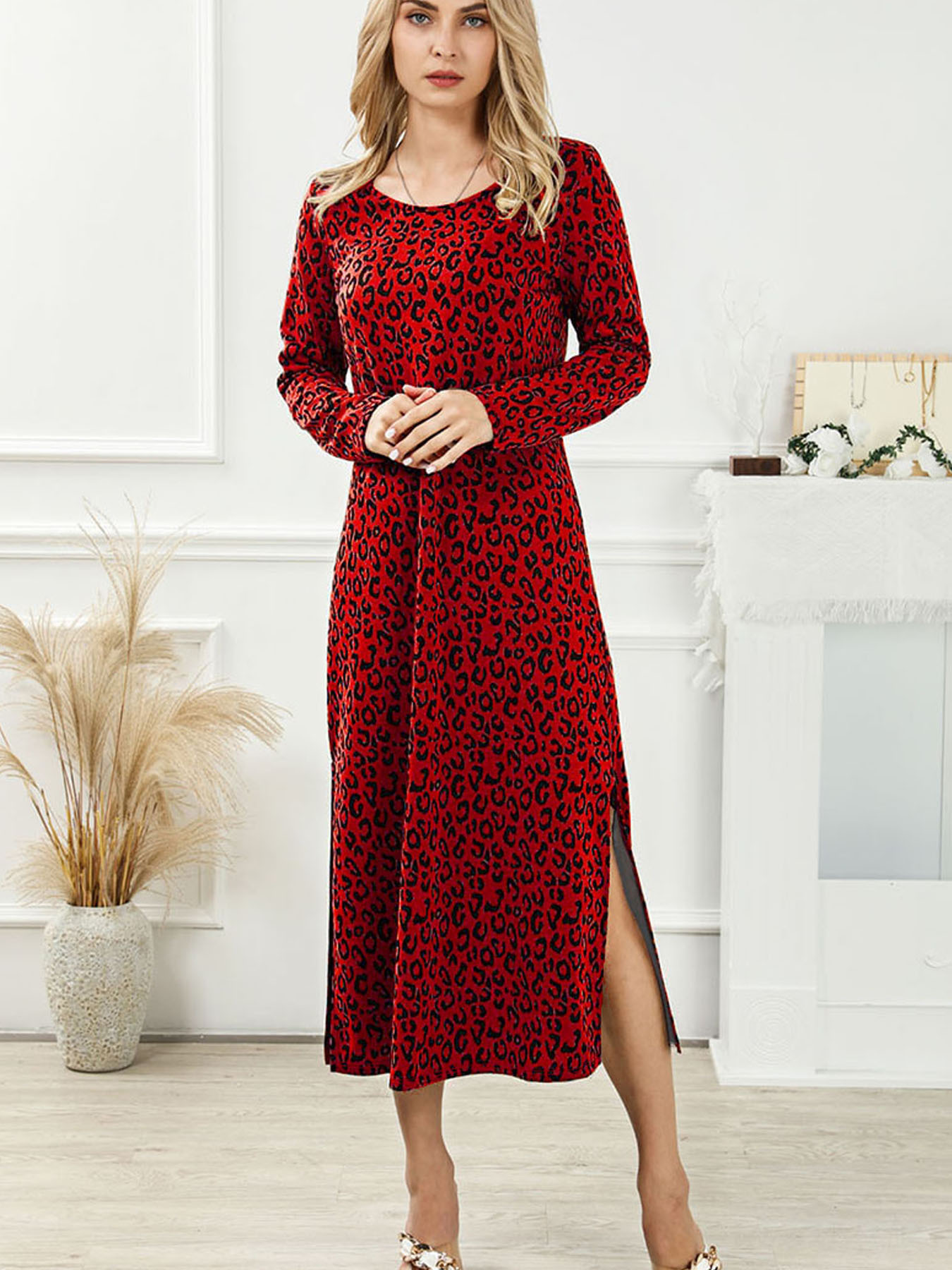 Vestido de Mujer Vintage con Estampado de Leopardo en Cuello Redondo y Manga Larga — imagen 7