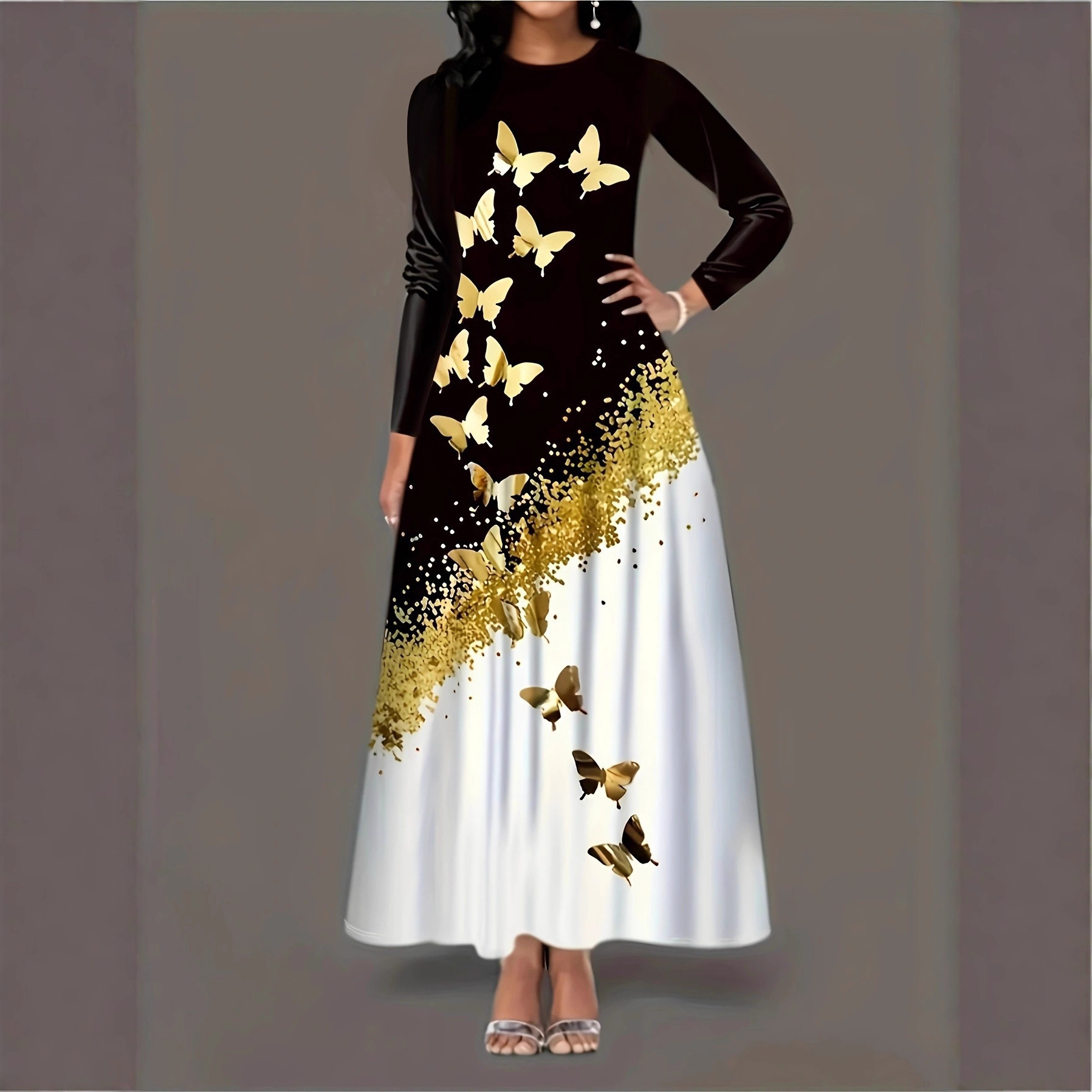 Vestido de Manga Larga con Estampado de Mariposa en Estilo Botón Redondo y Faldones Alineados con Cajas — imagen 5