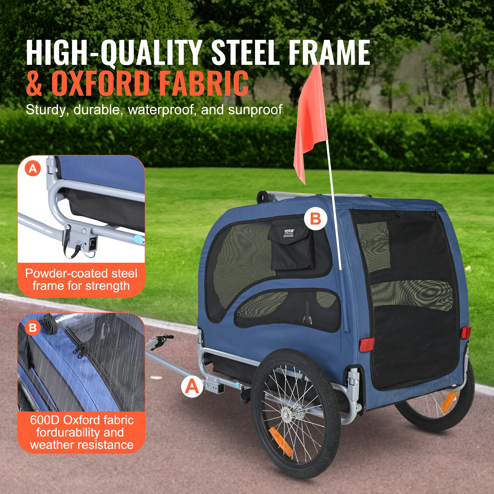 Pet Cart Bicycle Carrier, Easy Folding Frame With Quick Release Wheels, Universal Bicycle Coupler, Reflectors, Flag, Collapsible To Store, Blue Black — image 8