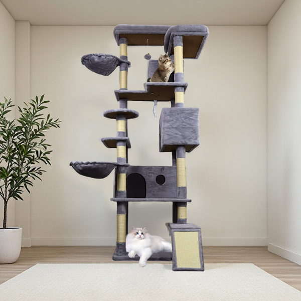 Dark Gray Cat Tree Tower With Wide Base, 3 Large Hinding Condo, 11 Sisal Scratching Post, Sisal Scratching Ladder, 2 Hammocks, Large Top Platform, Many Landing Perch And Interactive Toy — image 2
