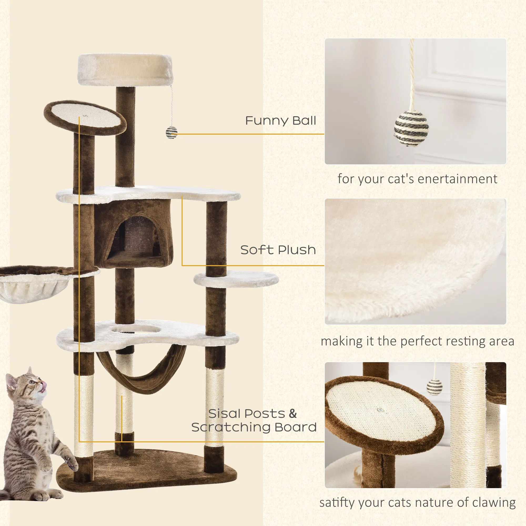 60" Cat Scratching Tree, Cat Bed Condo Post House Pet Furniture Toys-Brown & Beige — image 5