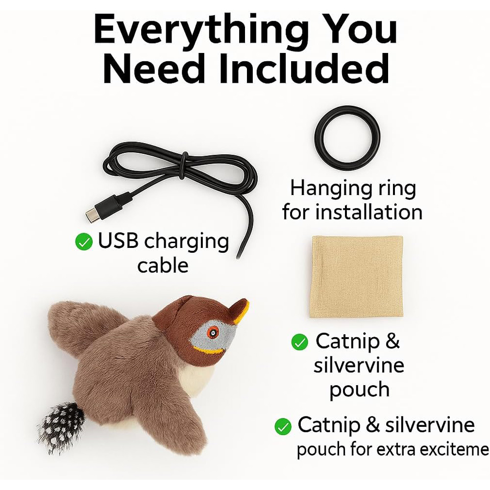 Pájaro de Plush Rechargeable con Alas que Baten y Sonidos de Canto Realista, Juguetes Interactivos Electrónicos para Gatos en Interior con Sensor de Movimiento — imagen 3