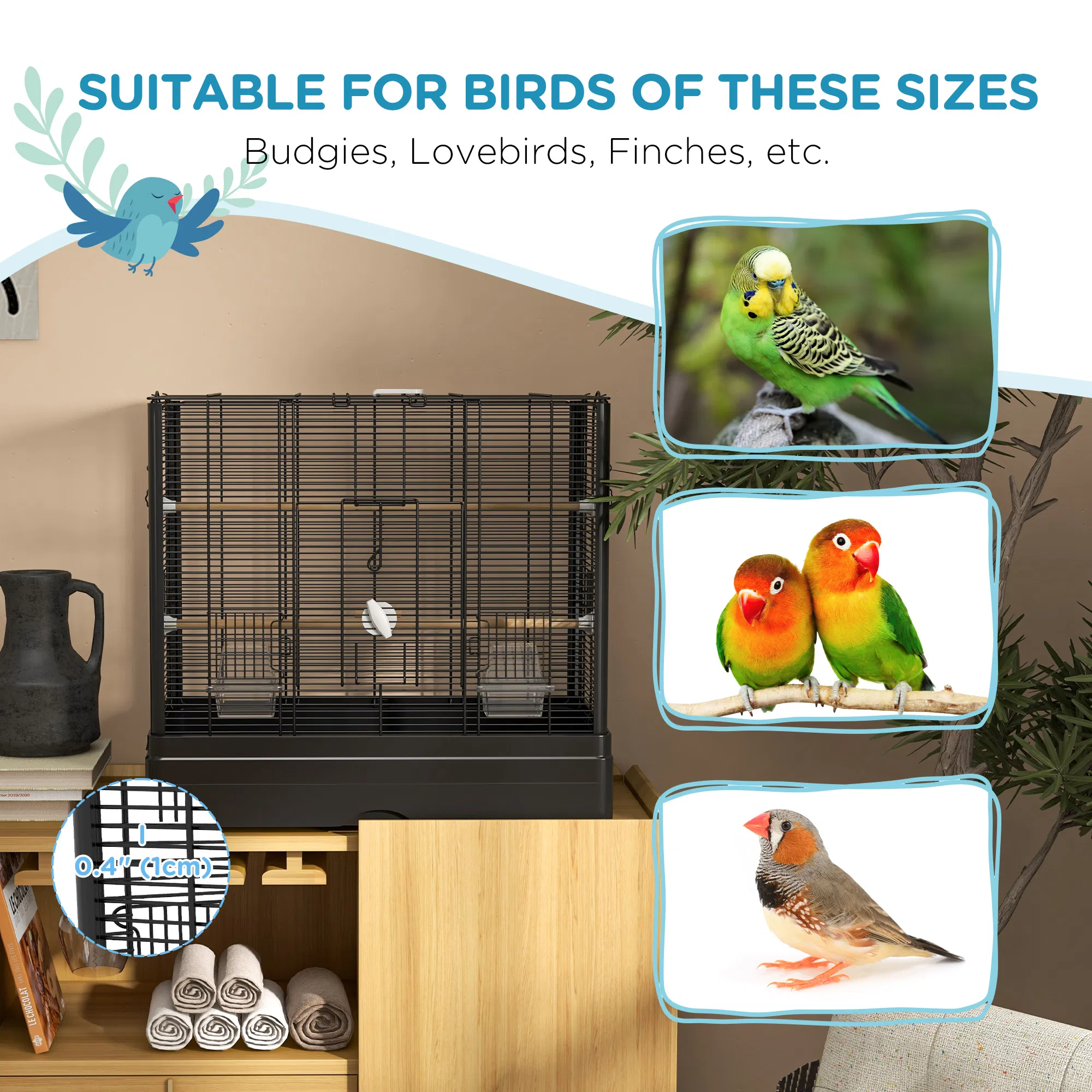 22" Bird Cage for Budgie Finches Canaries Love Birds with Wooden Stands, Slide-Out Tray, Handles, Food Containers, Black — image 3