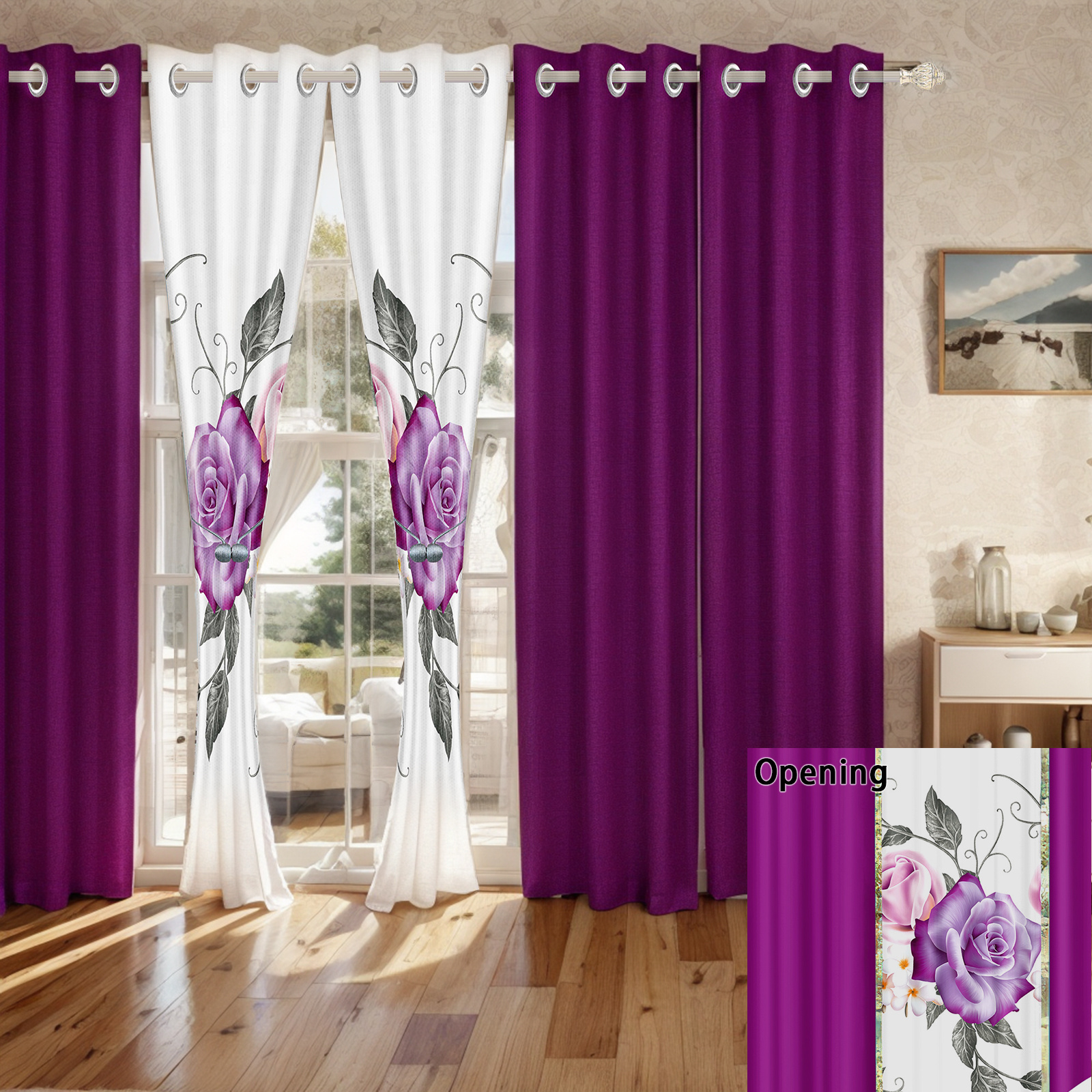 Set de Edredón y Cortinas de 9 Piezas 'Habitación en una Bolsa', Diseño Americano con Estampado Floral de Rosas Magenta y Morado Intenso, Colcha Gruesa con 6 Paneles de Cortina Personalizables, Apto para Mascotas de Alto Gramaje — imagen 17