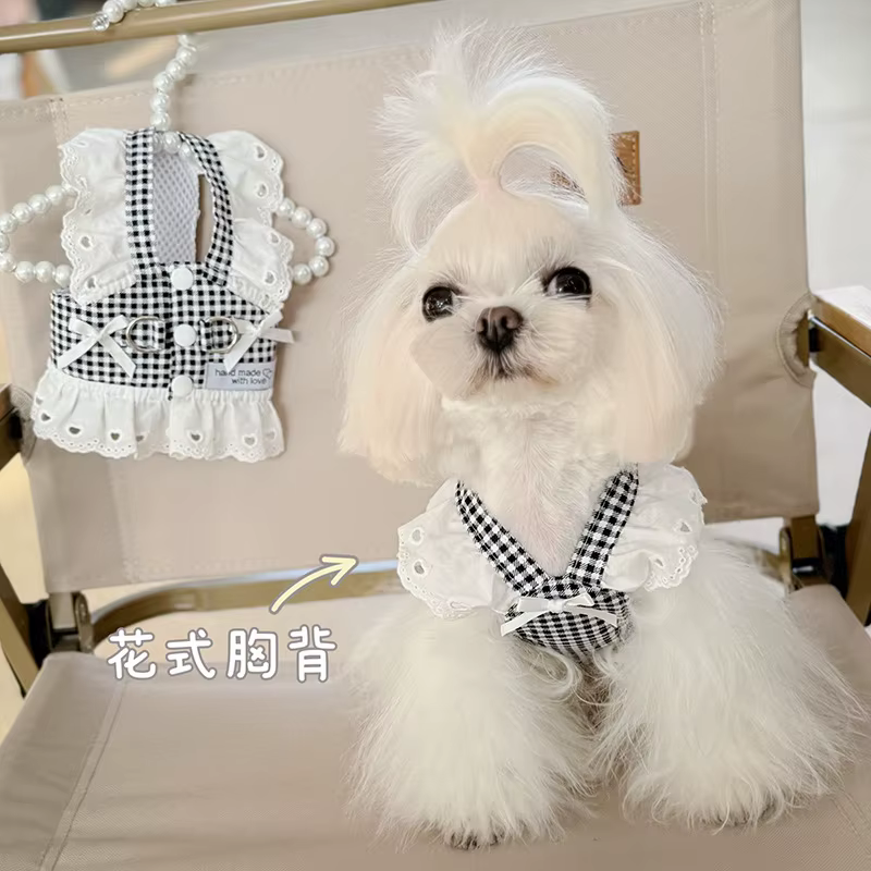 Ropa para perros: Falda de encaje estilo pastoral, chaleco negro a cuadros, vestidos para cachorros, chaleco universal con tracción, vestido retro de princesa — imagen 2