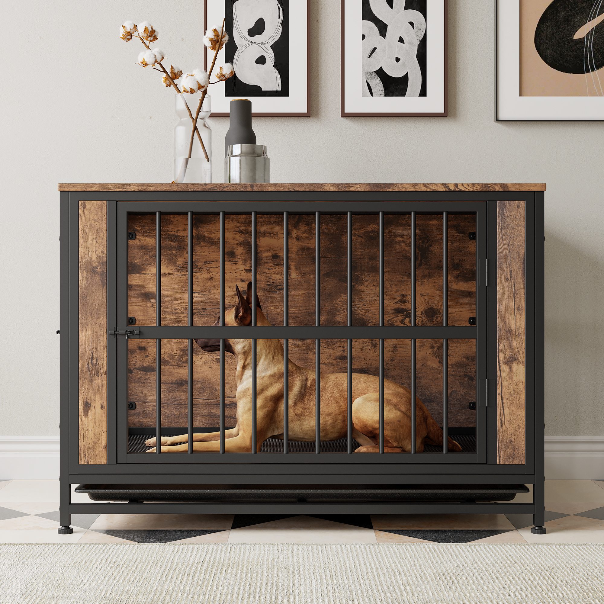 Mueble para Perros, Mesa de Caja para Perros en Madera, 38,9" Casa para Perros con 2 Puertas Deslizantes y Marco de Puerta de Hierro Grueso, Decorativo Refugio para Perros Grande/Medio/Pequeño para Uso Interior (Marrón Rustico) — imagen 5