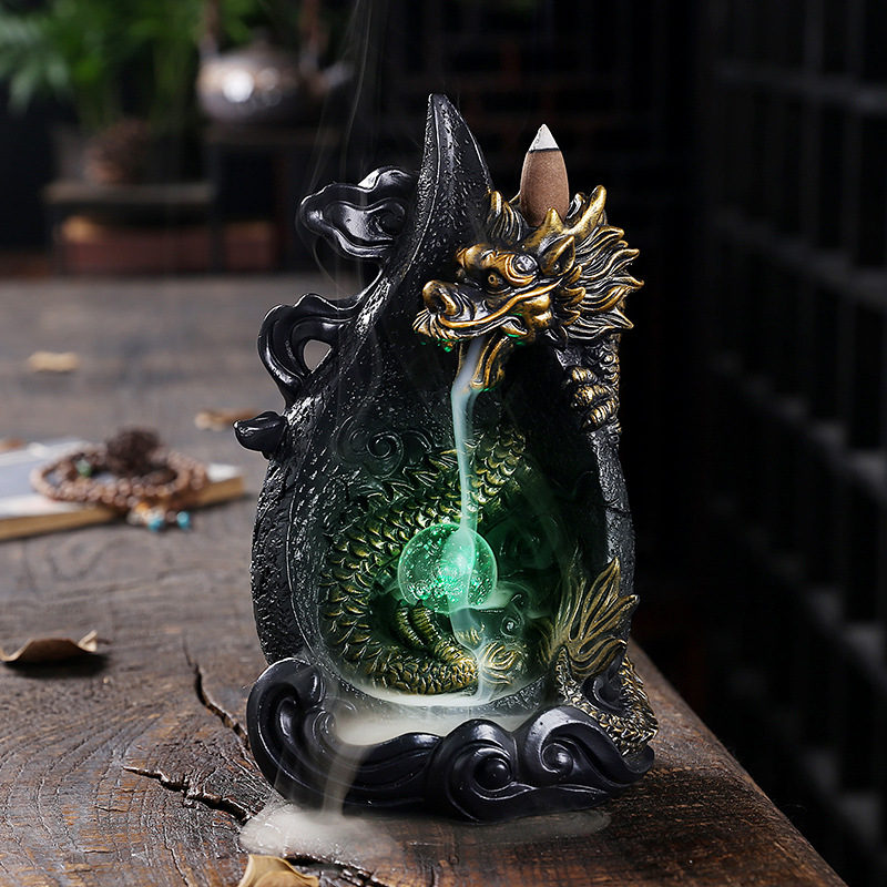 Resin Smoke Backflow Aromatherapy Furnace Creative Large Dragon LED Light Waterfall Backflow Incenseware Handicraft Ornaments — image 2
