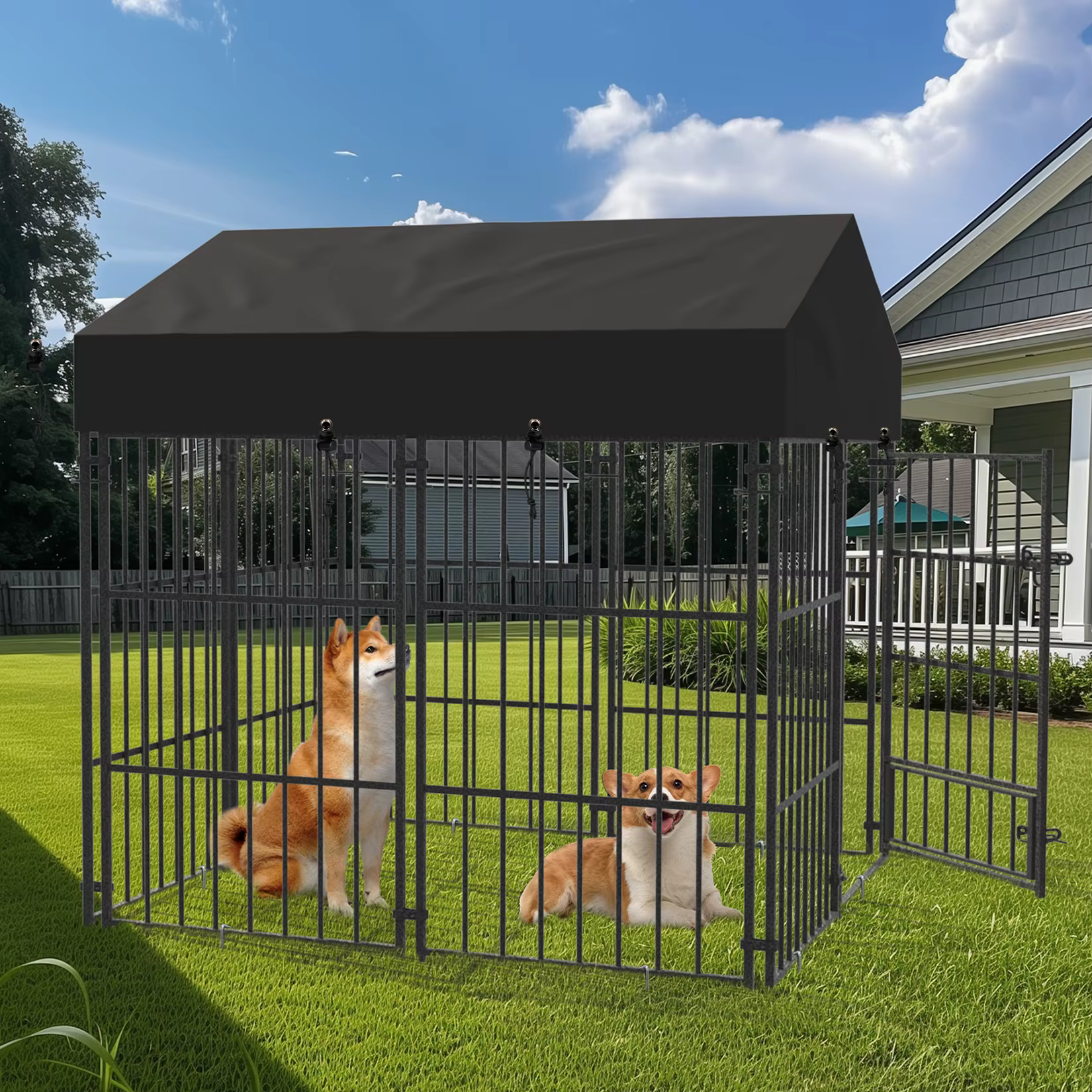 Cubo de Perro Resistente al Uso Intenso con Techo - Cárcel para Mascotas Metálica Exterior e Interior con Entrada Segura — imagen 6