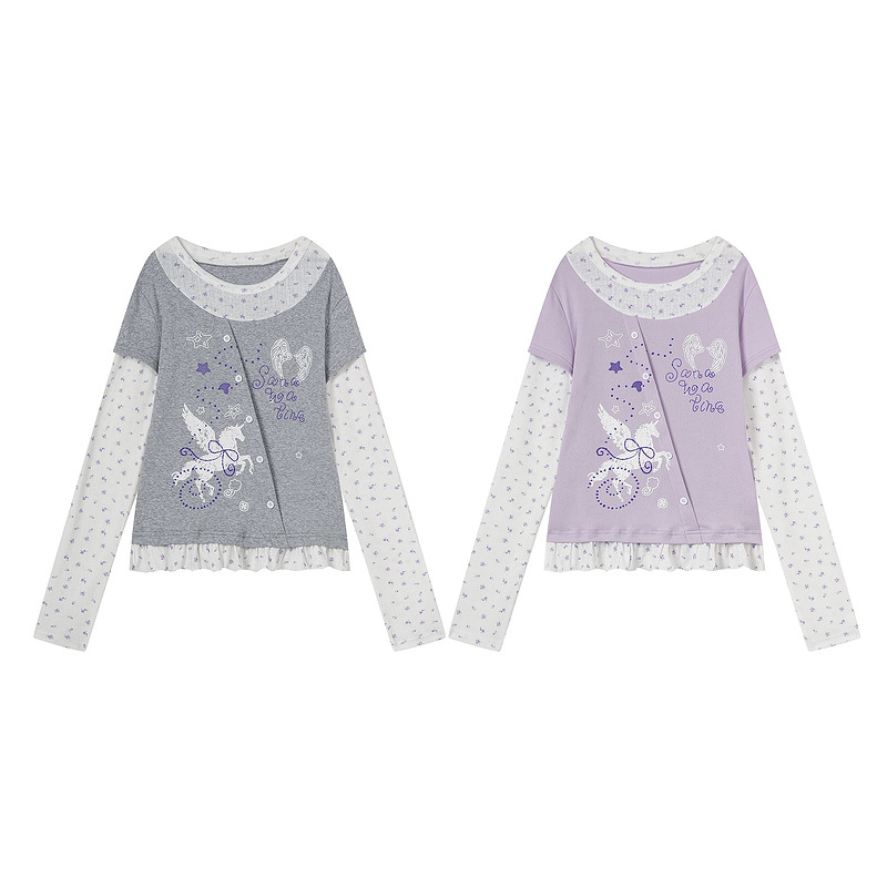 Unicorn print fake two-piece top with floral patchwork — image 4