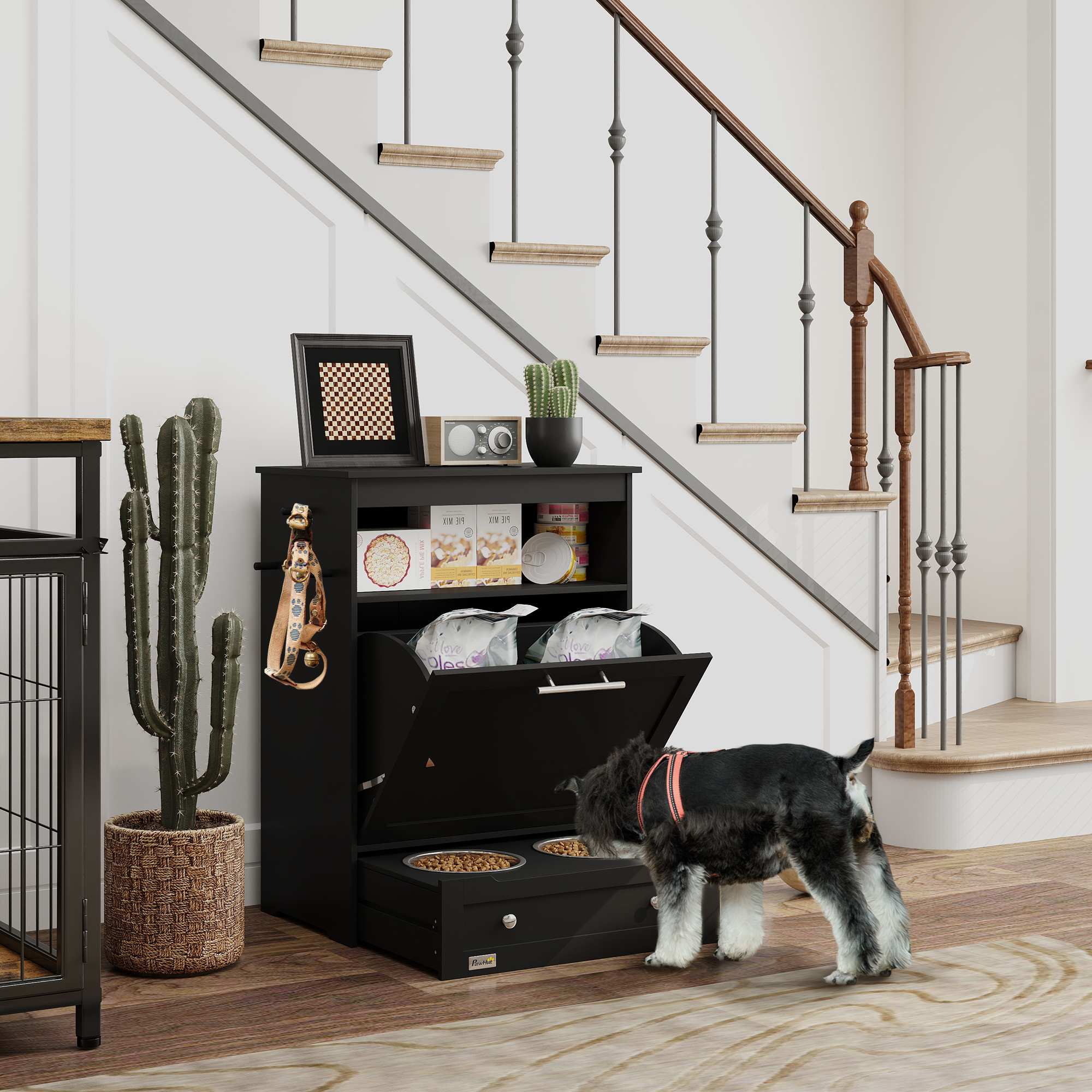 Pet Feeder Station Storage Cabinet, Dog Food Storage Container with Dog Raised Bowls, Watering Supplies, Black — image 1