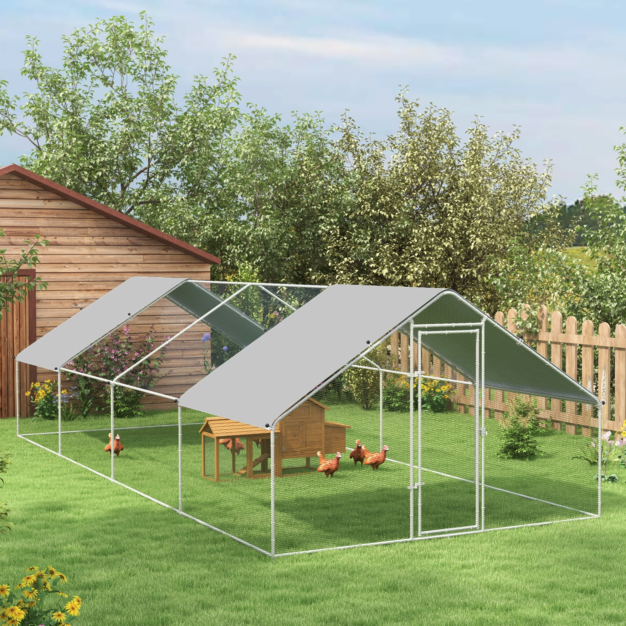 Casa de Pollos Metálica para Gallinas con Cubierta Impermeable y Resistente a UV, Diseño en Espiga con Acceso Peatonal para Jardín Exterior y Granja — imagen 1