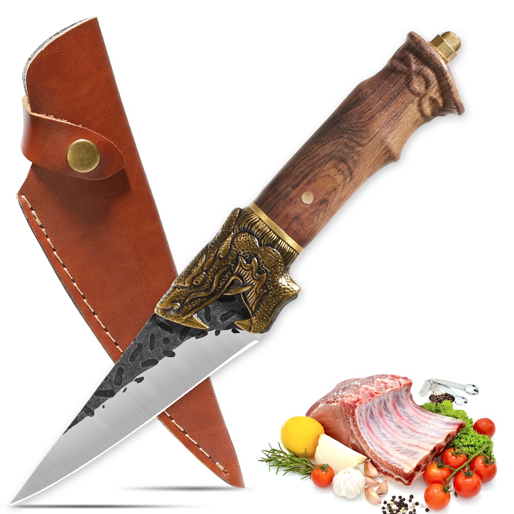 Qulajoy Boning Knife - Hand Forged Camping Knife 7Cr17MOV Blade - Dragon Head Handle And Leather Sheath - Unique Dragon Style - Viking Knife For Hunting & Camping — image 1
