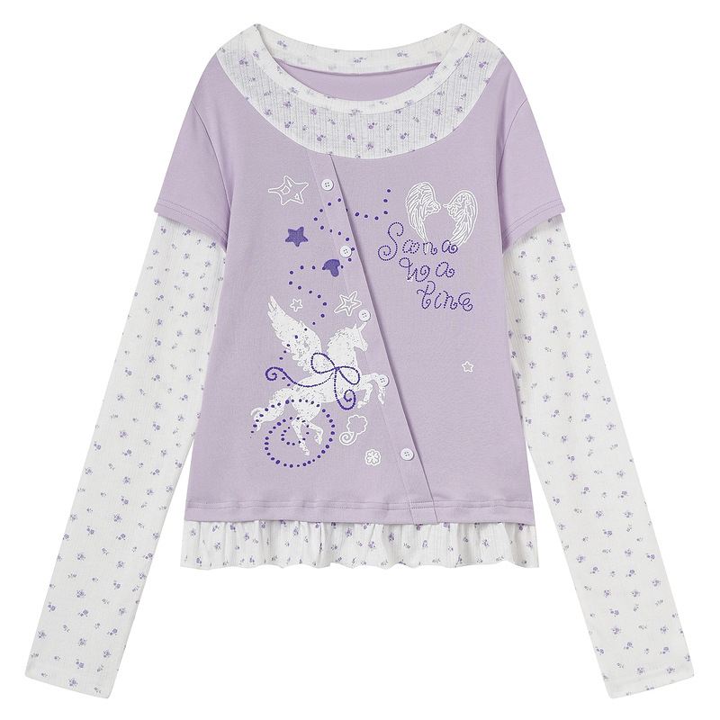 Unicorn print fake two-piece top with floral patchwork — image 3