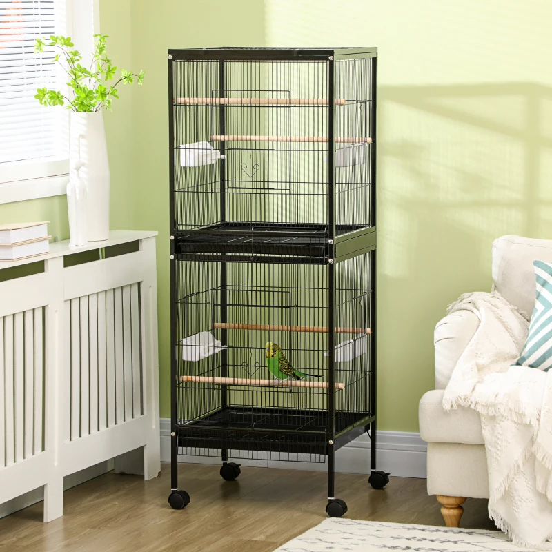 2 In 1 Bird Cage Aviary Parakeet House For Finches, Budgies With Wheels, Black — imagen 6