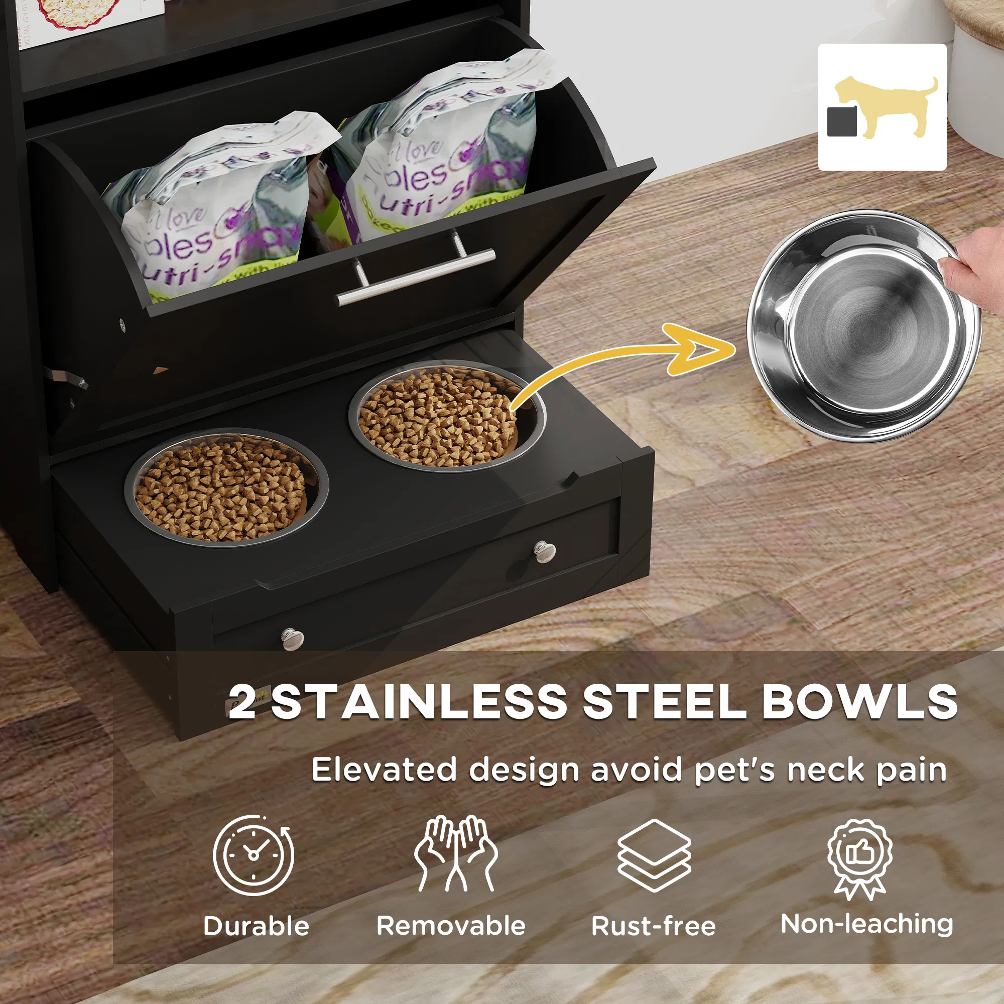 Pet Feeder Station Storage Cabinet, Dog Food Storage Container with Dog Raised Bowls, Watering Supplies, Black — image 2