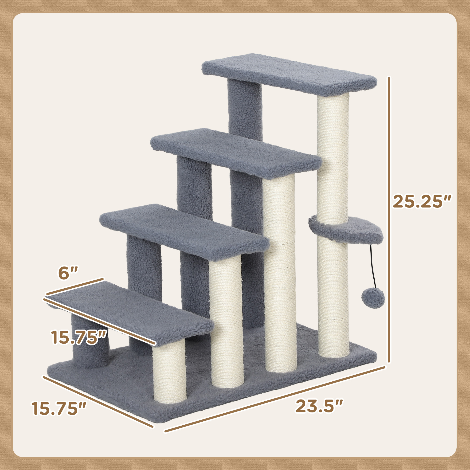 Escalones para Gatos de 4 Niveles con Postes Rascadores para Cama Alta, Sofá, Gris — imagen 4
