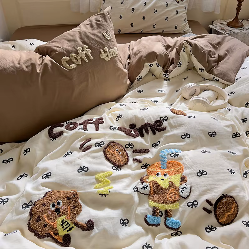 Cartoon Animal Embroidery Bedding Set For Adults Kids Cute Flat Fitted Sheet With Pillowcases Washed Cotton Colorful Full Size — image 6