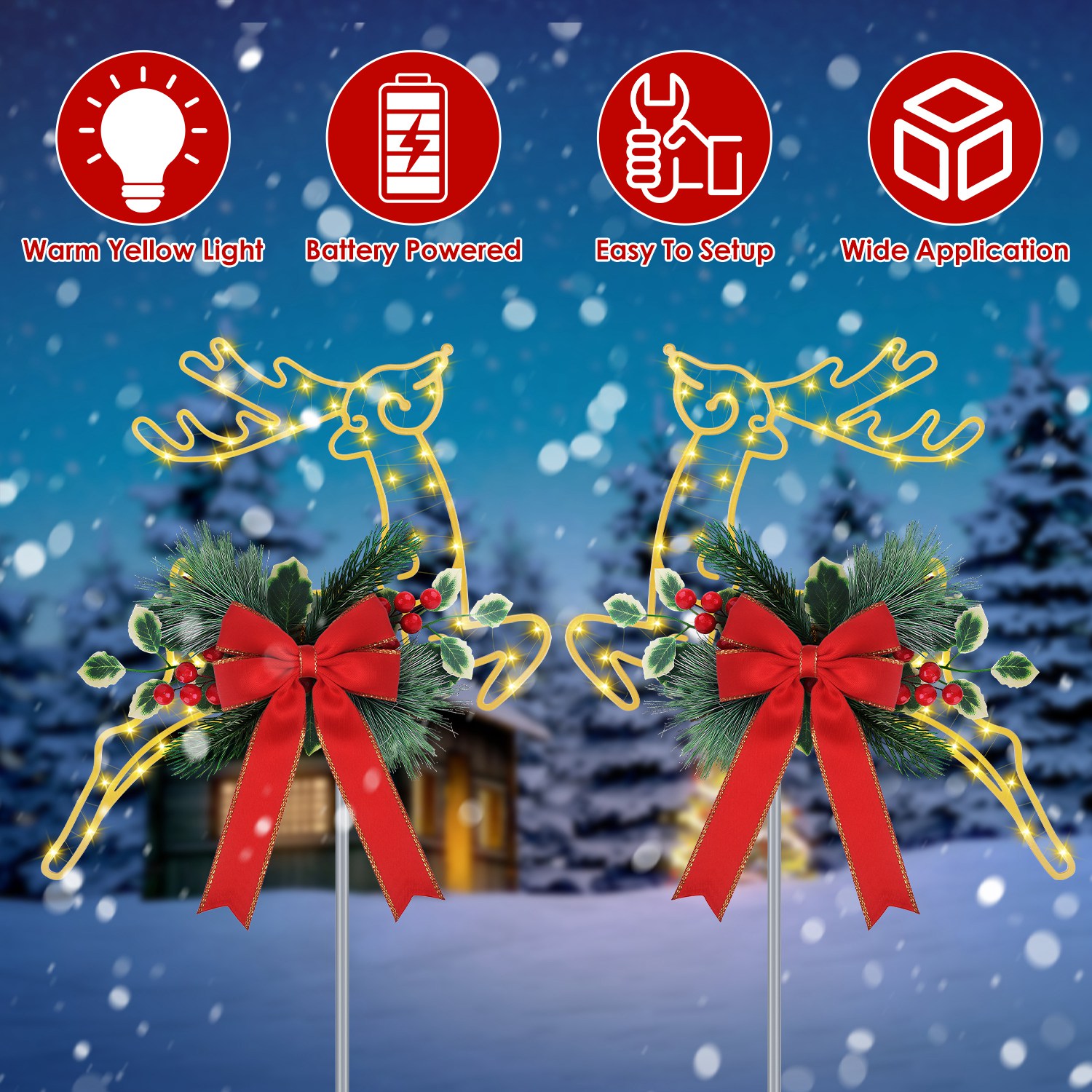 2 renos navideños luminosos, estacas de luces LED para camino, a pilas, para jardín, césped, porche, puerta principal y decoración navideña de patio — imagen 1
