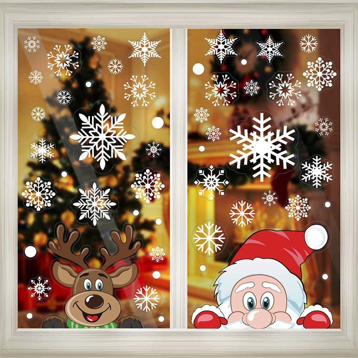 4 Láminas de Calcomanías de Copo de Nieve Navideñas para Ventanas de Vidrio, Reutilizables, Adhesivas por Ambos Lados, Estáticas, Calcomanías Navideñas de Copo de Nieve, Reno y Santa, Decoraciones para Ventanas Navideñas D — imagen 1