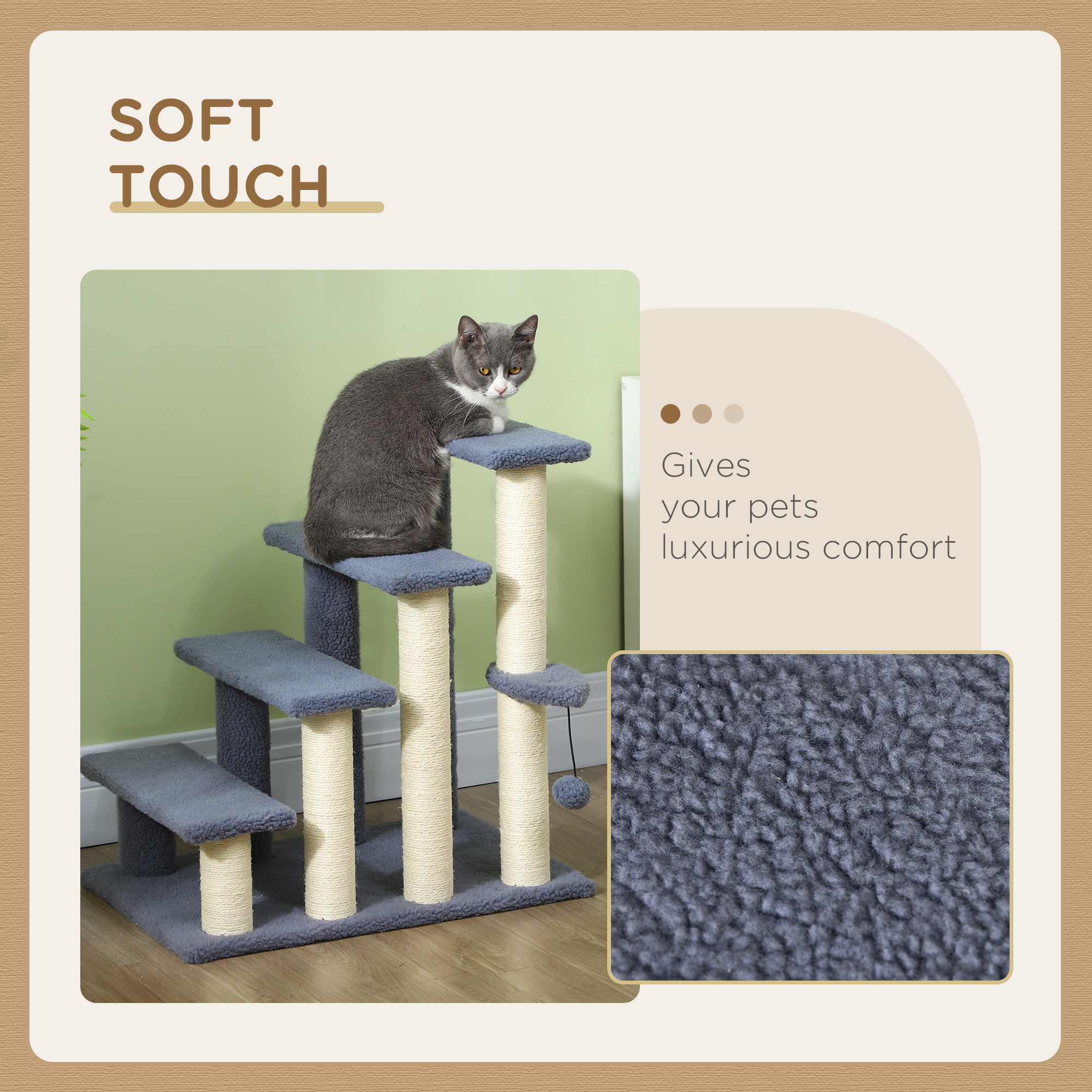 Escalones para Gatos de 4 Niveles con Postes Rascadores para Cama Alta, Sofá, Gris — imagen 5