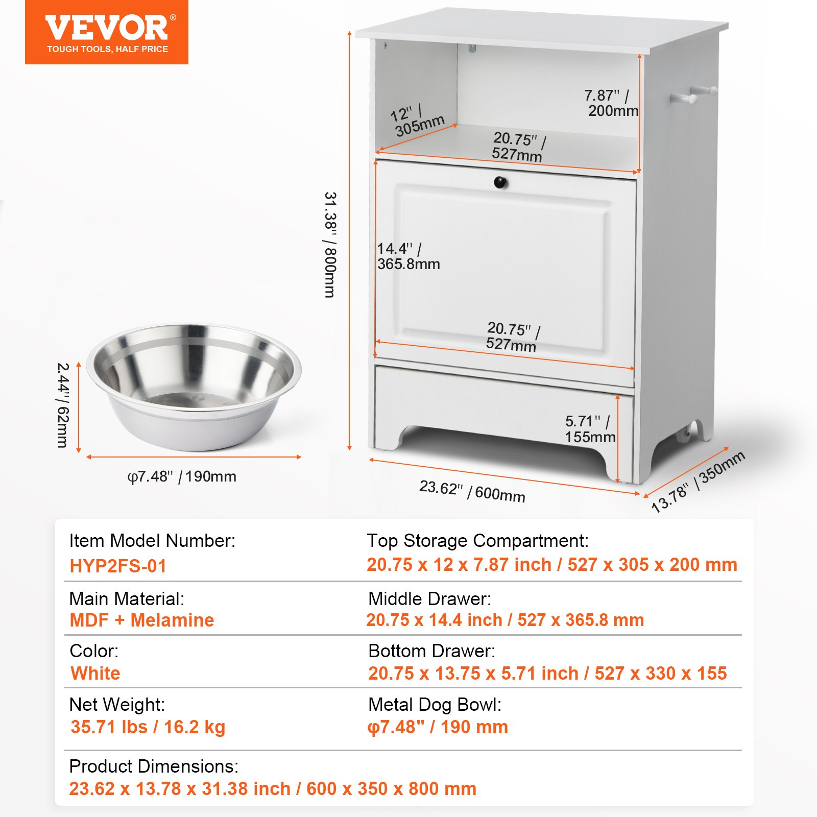 Estación de Alimentación para Mascotas VEVOR con 2 Tazas Elevadas para Perros, Almacenamiento de Comida y Juguetes — imagen 2