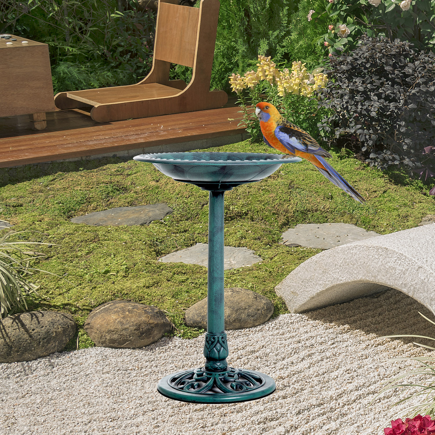 28 Bird Bath Outdoor Resin Decor with Fleur De Lis Pattern, Time-Worn Finish — image 4