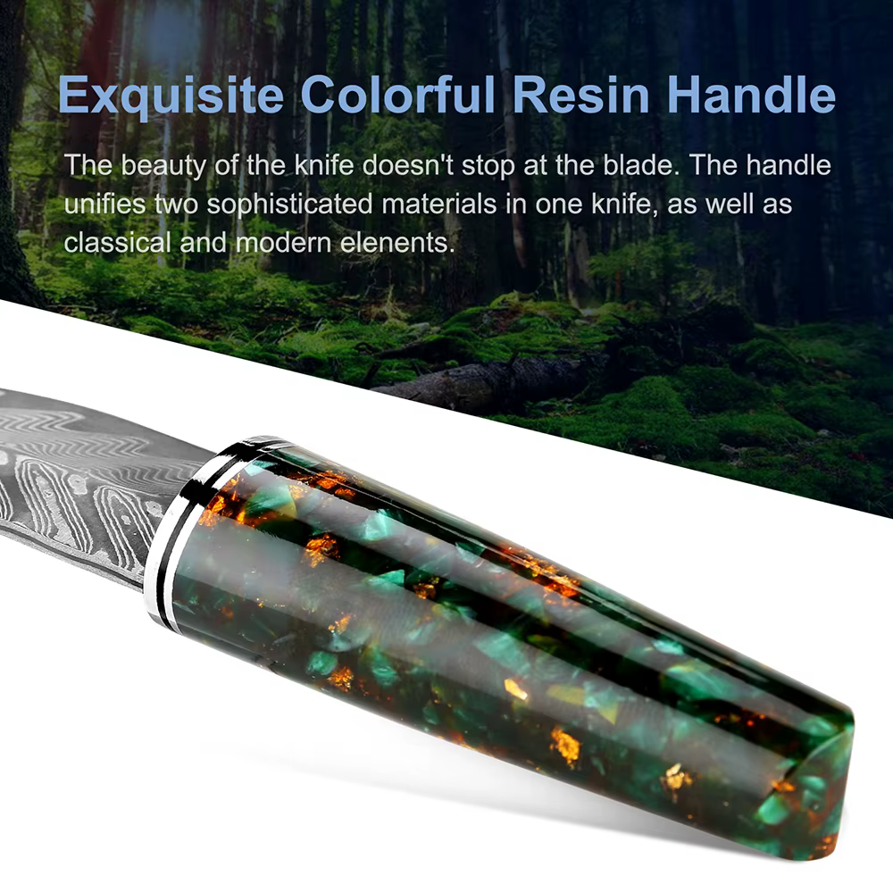 XITUO Outdoor Knife Damascus Steel Sharp Kitchen Paring Knife Camping Barbecue Cutting Knife With Resin Handle Leather Sheath — image 3