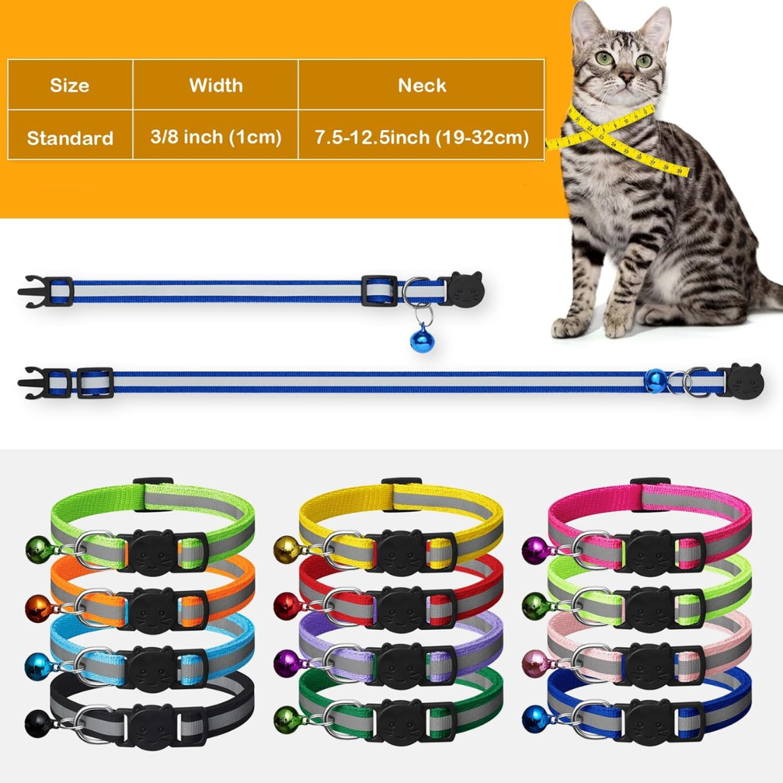12 Pack Reflective Breakaway Cat Collars With Bells, Safety Buckle Kitten Collar, With Name Tag, Adjustable, Ideal For Girl Cats Male Cats — image 6