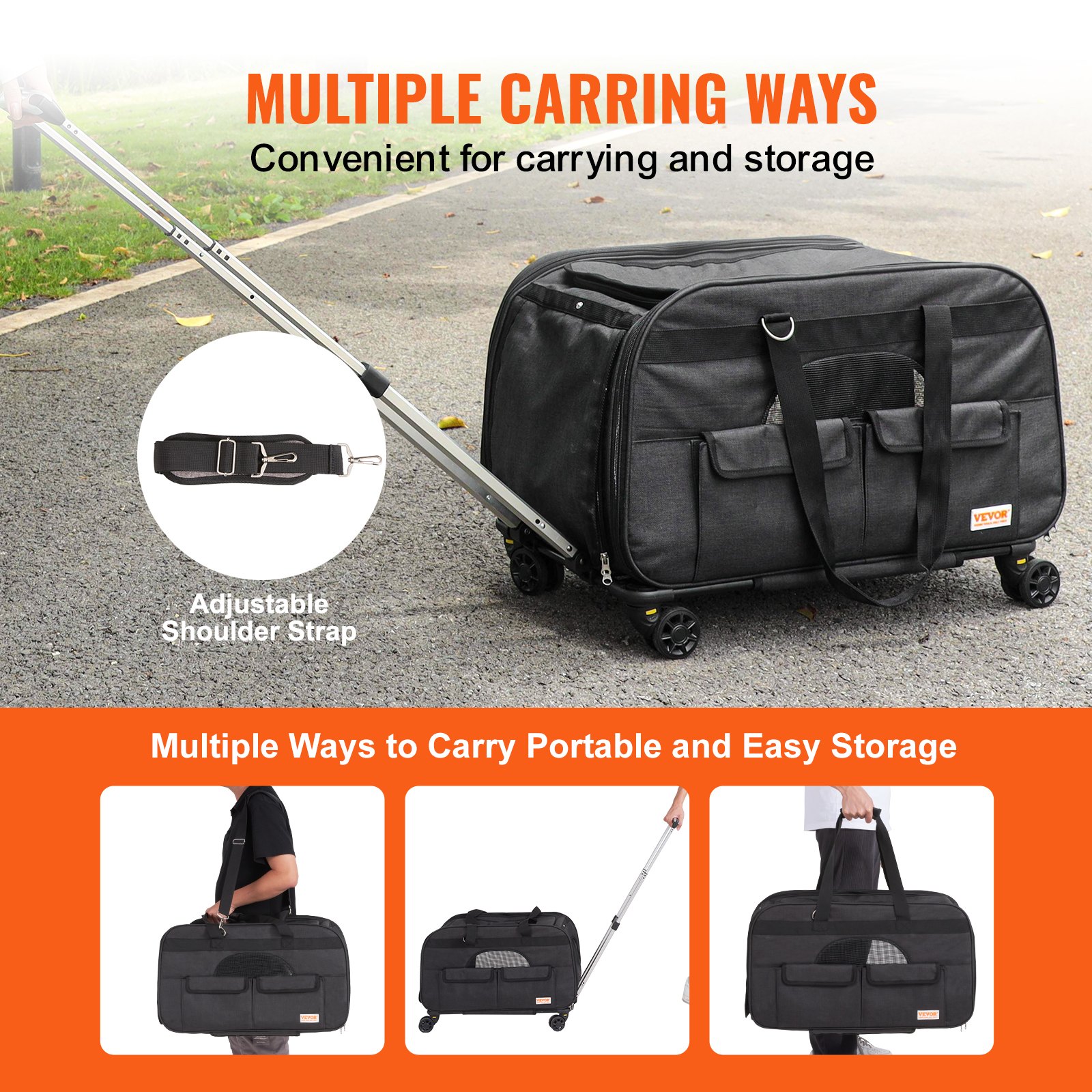 Cat Carrier With Wheels, Rolling Pet Carrier With Telescopic Handle And Shoulder Strap, Dog Carrier With Wheels For Pets Under 35 Lbs, With 1 Folding Bowl, Black — imagen 11