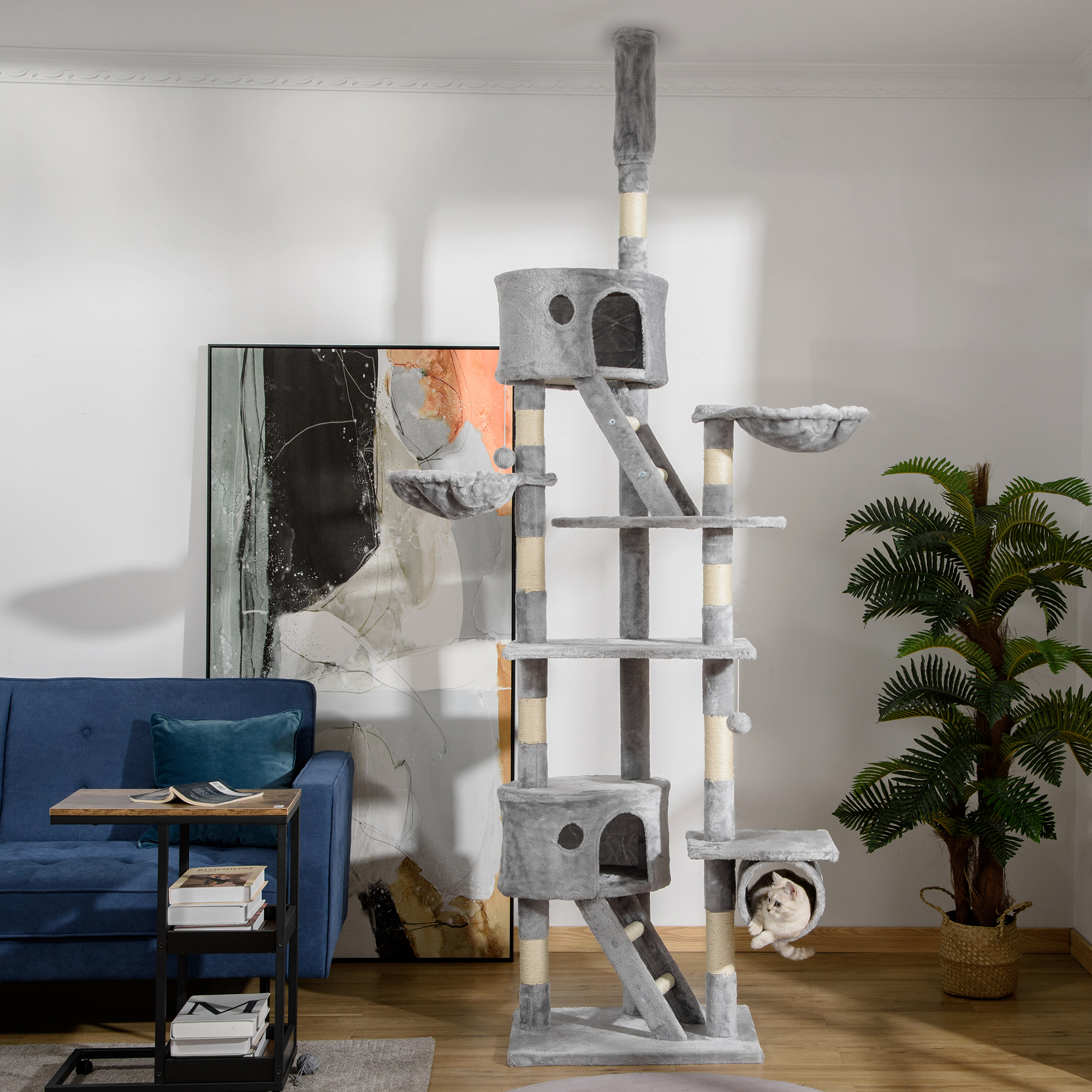 Floor to Ceiling Cat Tree, 94.5-102.5 inch Height Adjustable Cat Climbing Tower with Scratching Posts, Condos, Hammocks — image 4