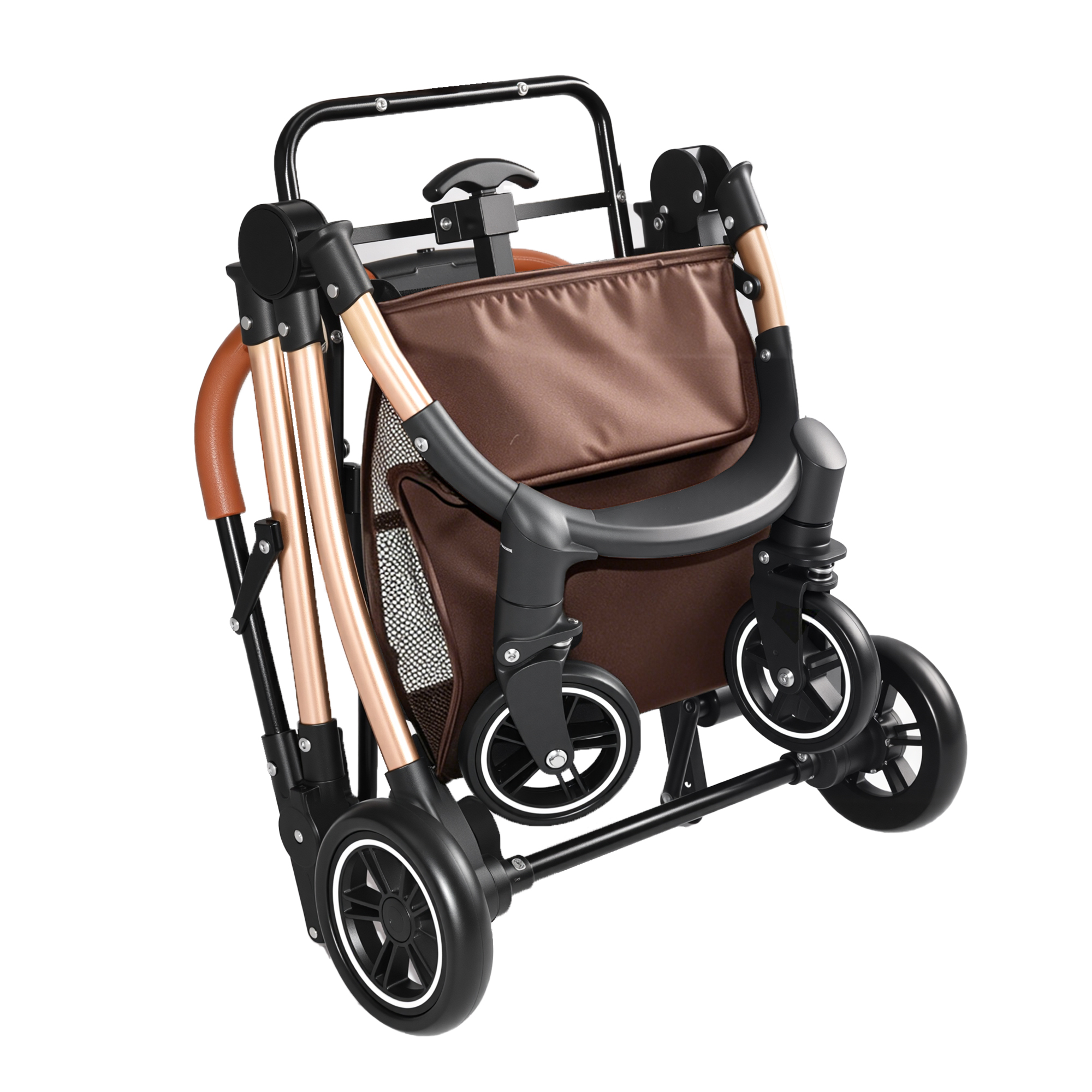 Muleta para Mascotas 2 en 1: Carruaje de 4 Ruedas Reversible con Canasta de Almacenamiento y Sombrilla Solar (Khaki + Oro) — imagen 8