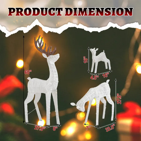 3-Piece Lighted Christmas Reindeer Family Set Outdoor Decorations, Weather Proof Deer Family Set Of 3 Christmas Ornament Home Decor Pre-lit 280 LED Warm White Lights, White — imagen 8