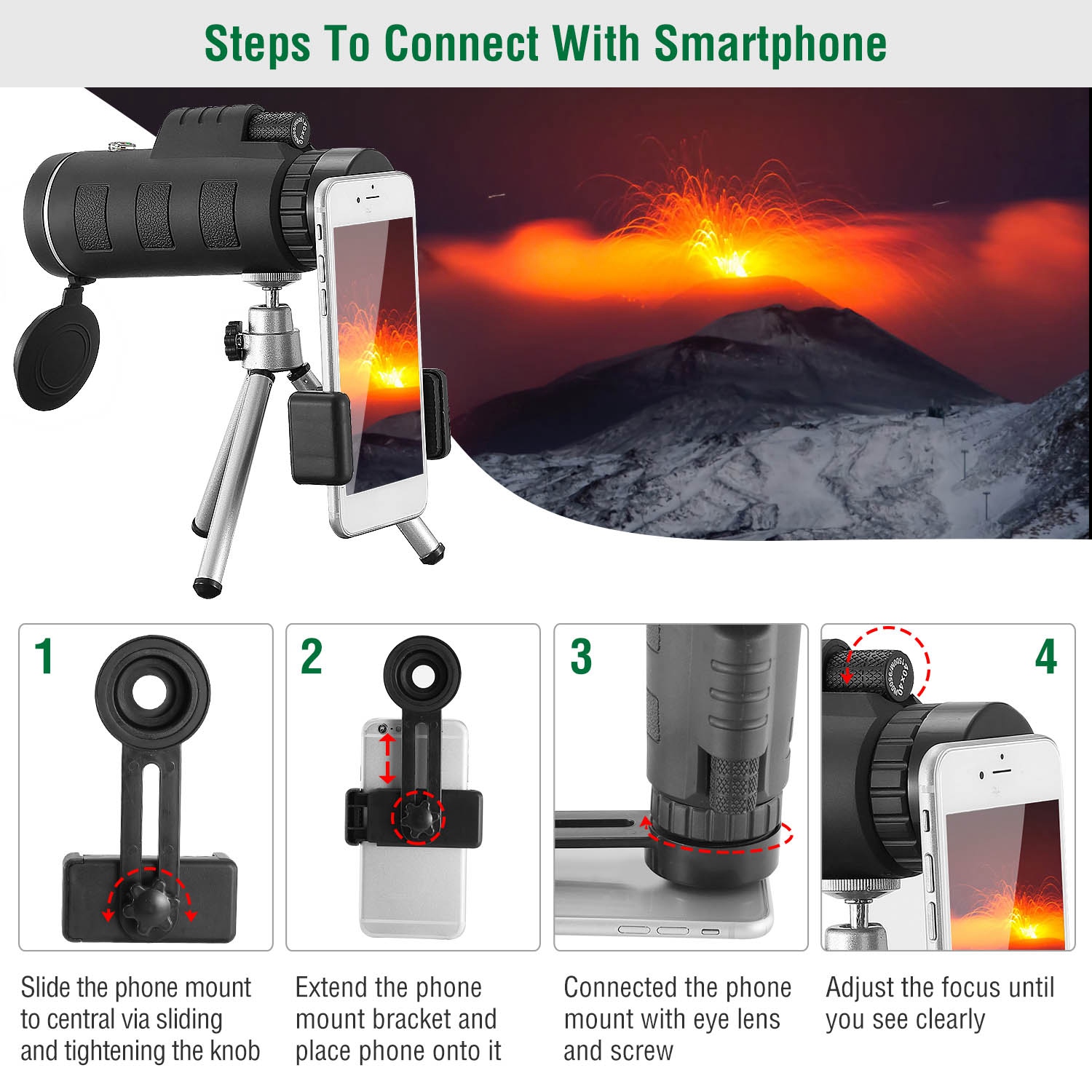 40 Plus 40 HD Optical Monocular Telescope With FMC Lens For Outdoor Low Light Vision Scope Phone Holder Tripod Compass For Bird Watching Hunting Camping Hiking Sport Event — image 5