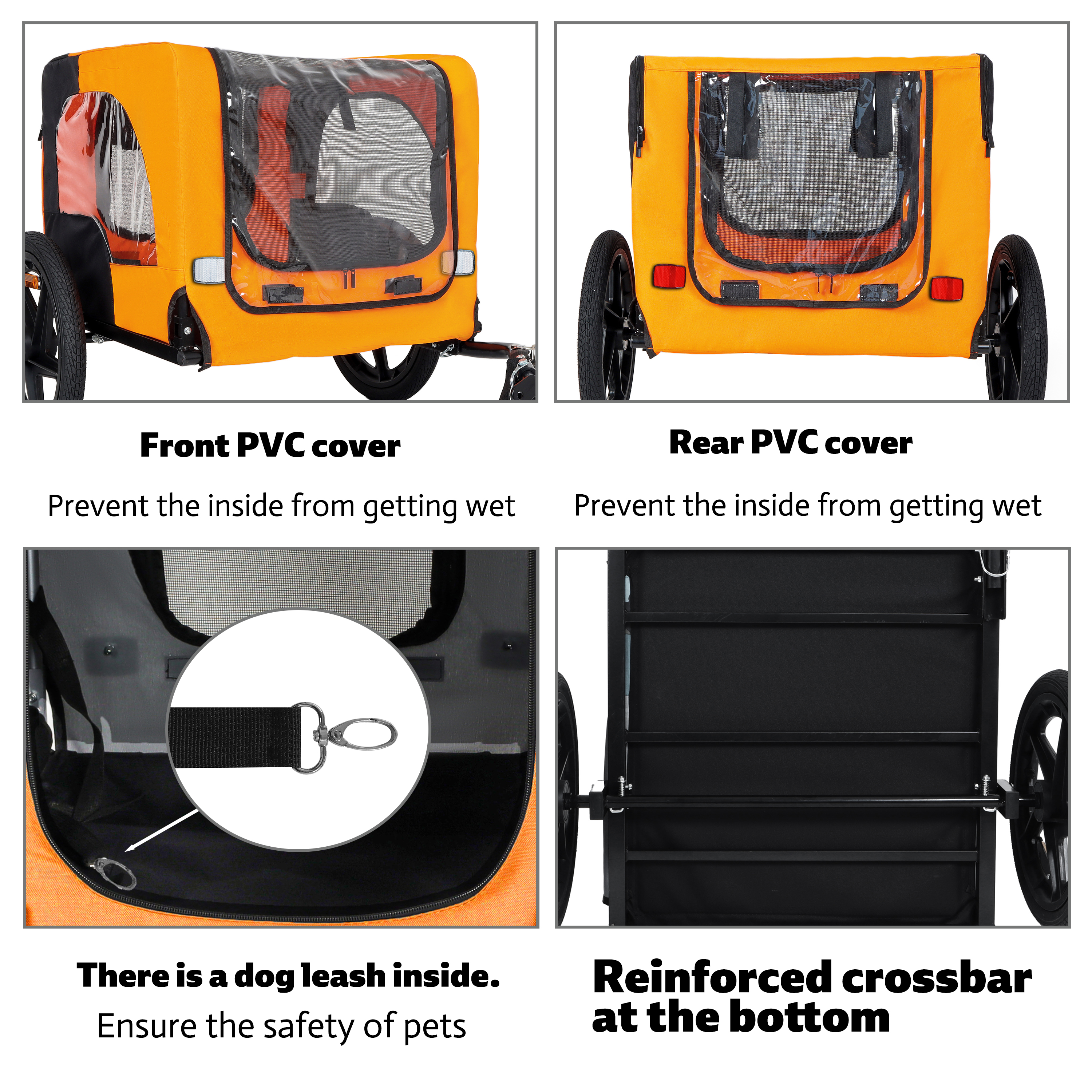 Outdoor Heavy Duty Collapsible Pet Bike Trailer With 16-Inch All-Terrain Wheels & Universal Hitch - Foldable Dog Cargo Carrier Cart For Bicycles, Black Orange — image 5