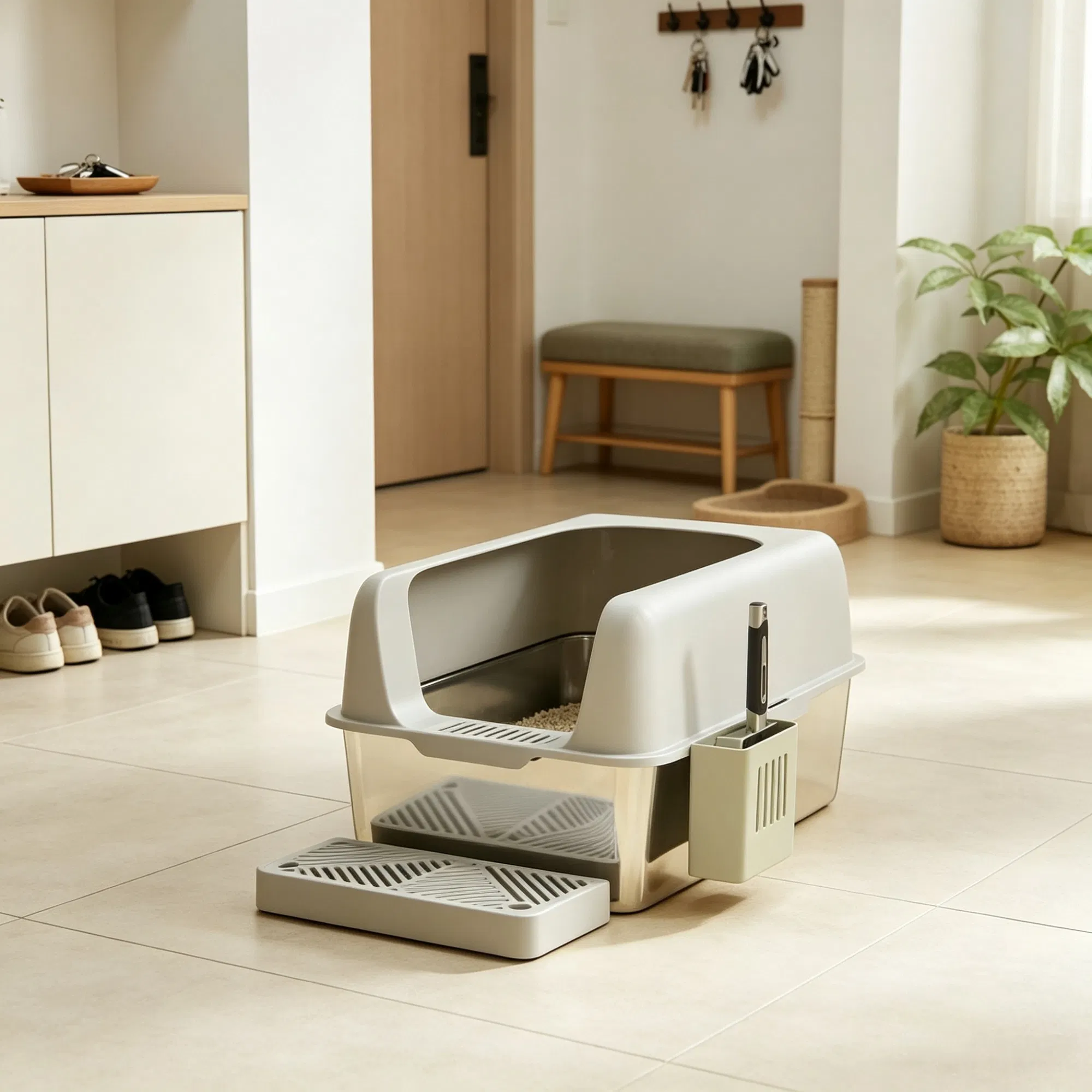 Light Gray 2 Pack High Sided Stainless Steel Litter Box Anti-Urine Leakage for Multi-Cat Households — image 1