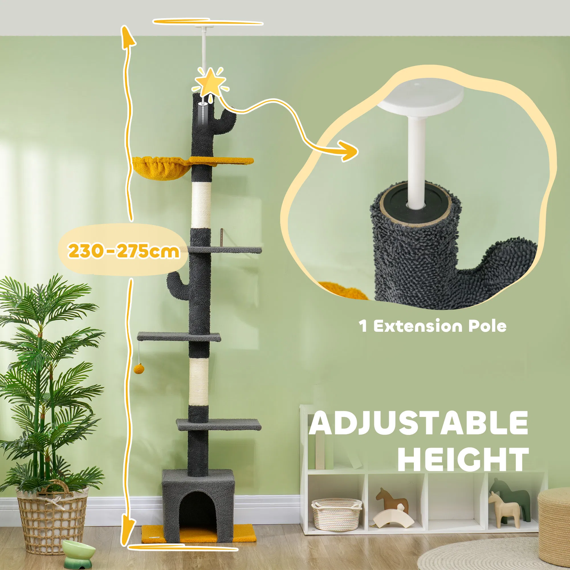 Floor to Ceiling Cat TreeTower with 90.5"-108" Adjustable Height, Scratching Posts, Hammock, Condo, Toy Ball, Dark Grey — image 4