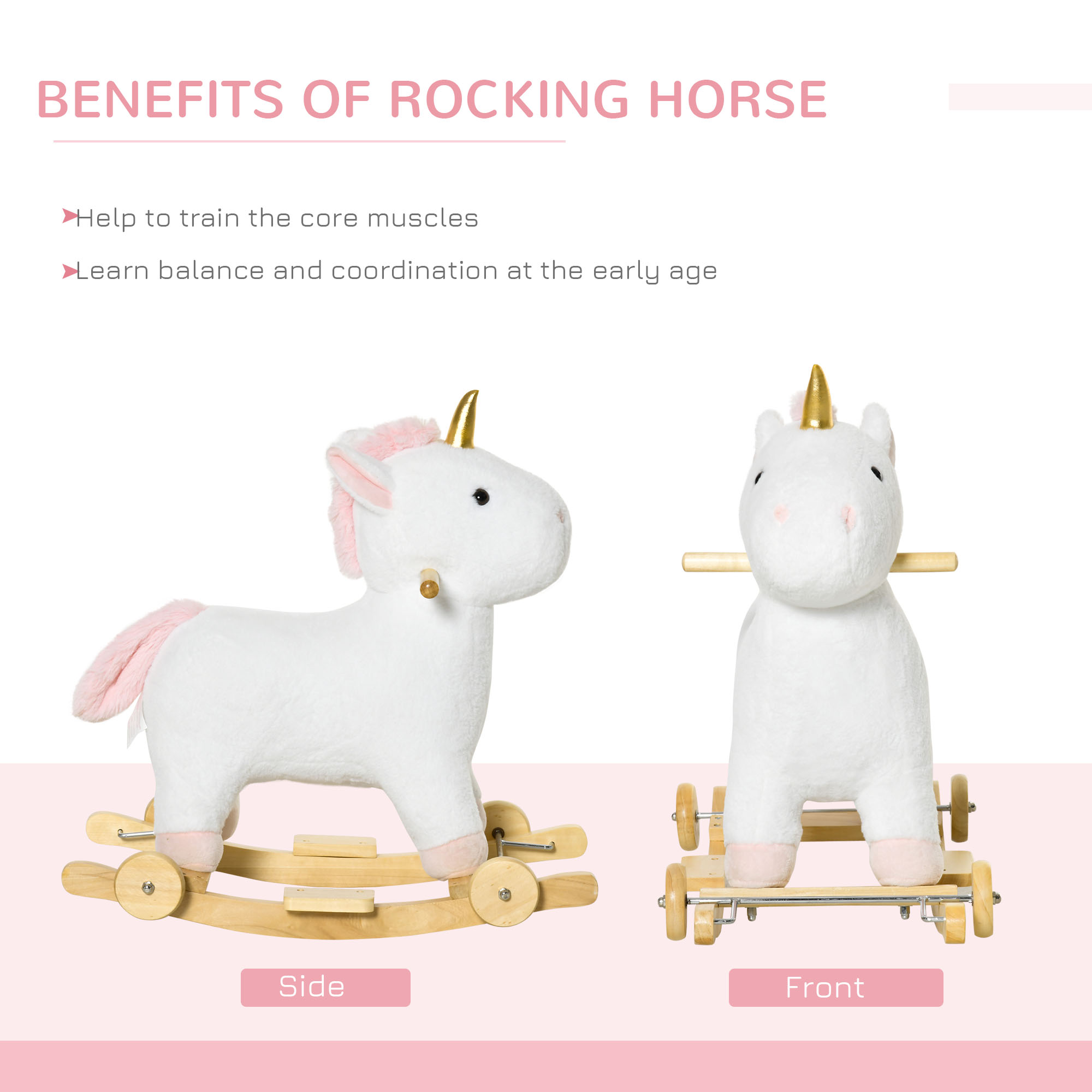 Caballito Mecedor 2 en 1 para Niños, Unicornio con Ruedas y Sonido, Base de Madera, Pedal, Manija de Agarre, Para Niños de 3-6 Años, Blanco — imagen 7