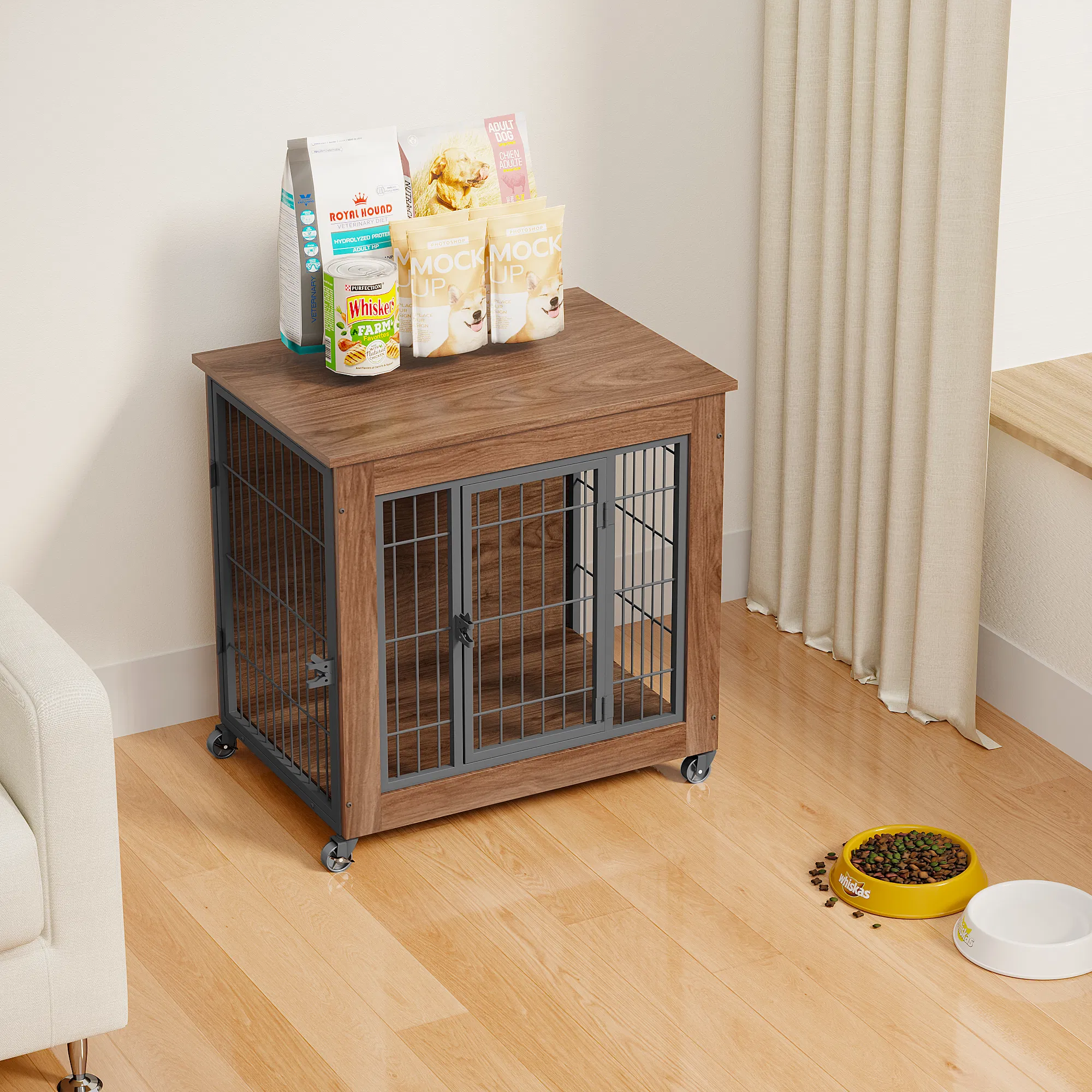 27.2" Dog Crate Furniture with Wheels for Small Dogs, Heavy Duty Dog Kennel Indoor with 2 Doors, Wooden Pet Cage End Table, Double-Doors Sturdy Metal Dog Cage for Anxiety Dog — image 4