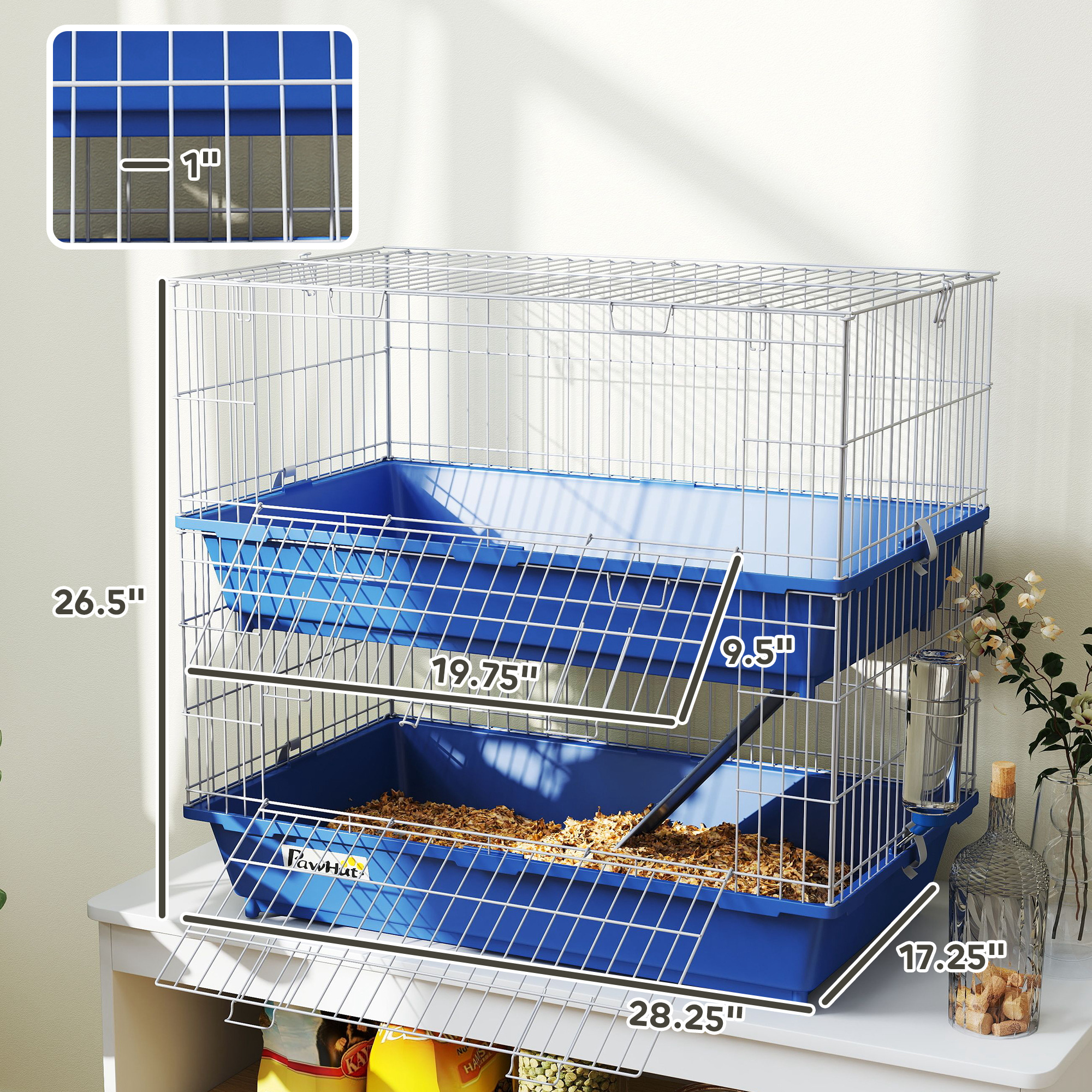 Jaula de 2 Niveles para Cobayas, Hurones, Chinchillas, Jaula para Animales Pequeños de Interior con Plato y Bebedero, 2 Puertas, Bases Profundas, Rampa, 28", Azul — imagen 2