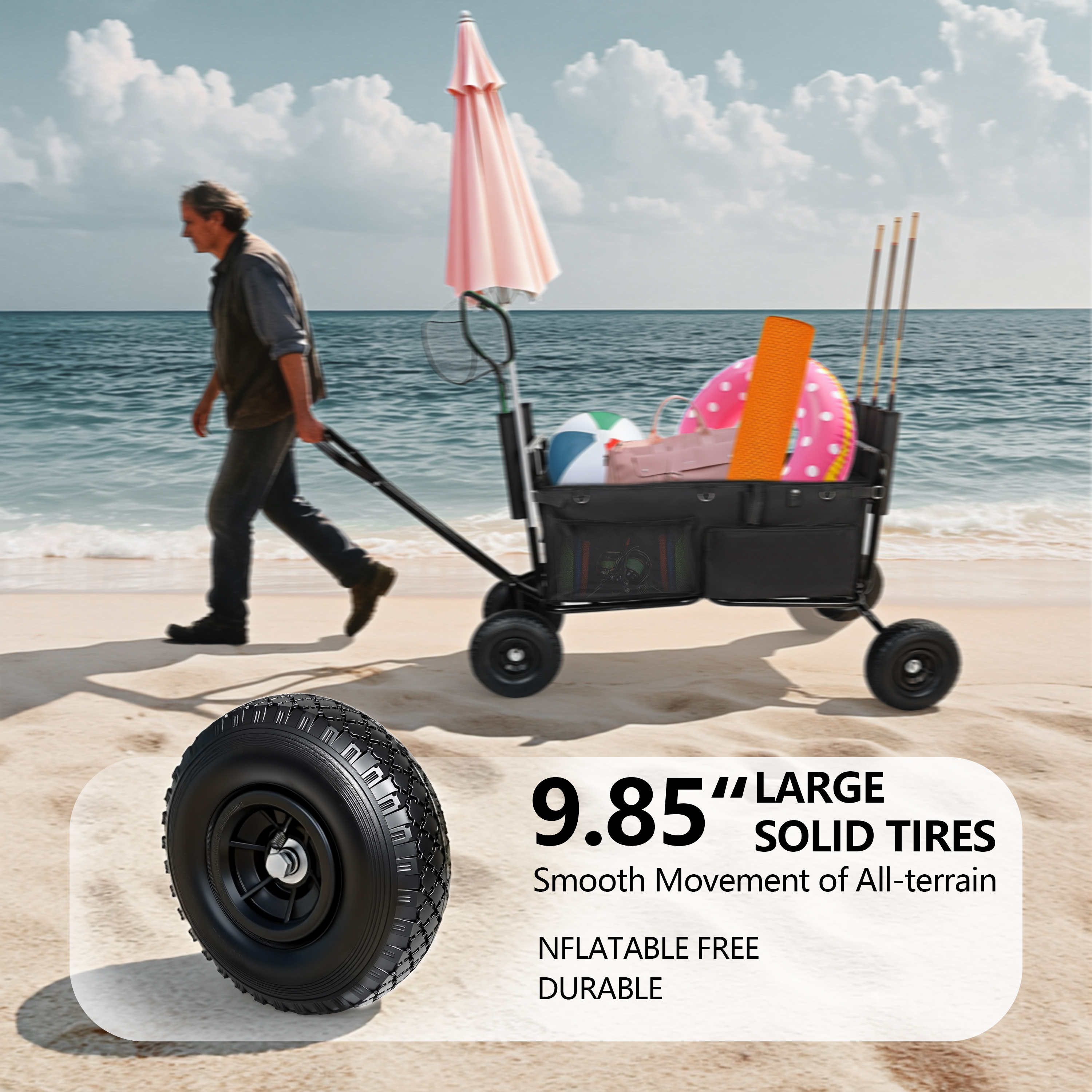 Carro de Pesca Carrito de Playa Carretón Colapsable 9,85'' Ruedas Todo Terreno para Arena Resistente al Uso Intenso con Soportes para Cañas Soporte para Sombrilla y Bolsillos de Almacenamiento 550lb Capacidad Grande Negro — imagen 3