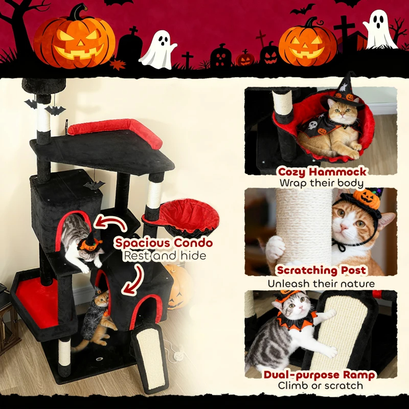 Gothic Cat Tree, Cat Tower With Coffin Bed, 2 Spacious Condos, Sisal Scratching Posts, Bat Hanging Balls, Halloween — imagen 3