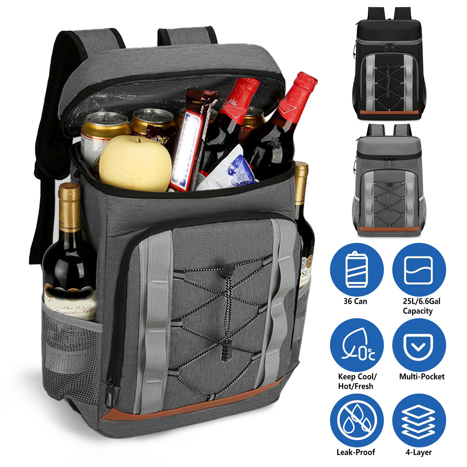 Opciones Gris-Negro - 1 Pieza Bolsa de Enfrío para Caminar con 36 Cánicas Resistentes al Derrame y Aisladas, 25L / 6.6 Gal para Pícnic, Camping, Playa, Senderismo, Pesca y Viajes — imagen 3