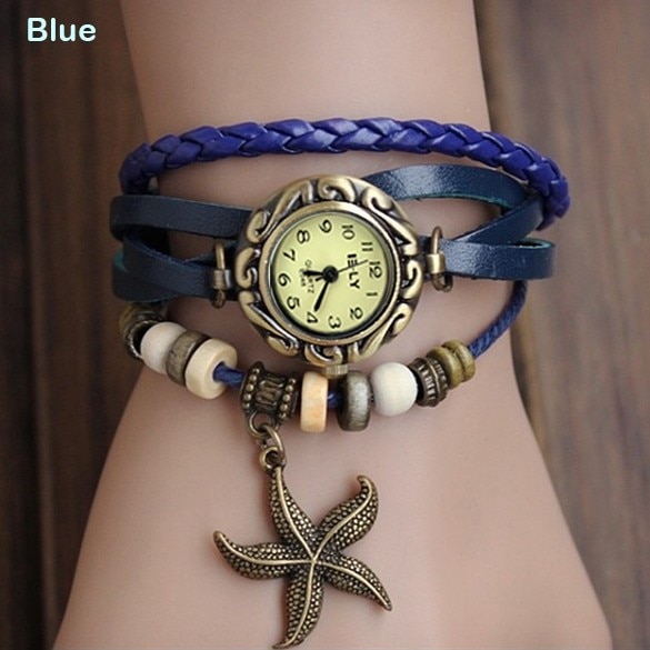 Lady Starfish Bracelet Watch Clock Retro Weave Wrap Watches Genuine Leather Starfish Wristwatch Slim Bnad small Dial LL — image 4