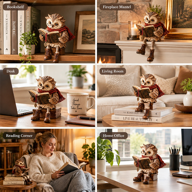 Reading Owl Figurine – Creative Owl Statue with Glasses, Scarf, Boots & Open Book, Bookshelf & Reading Nook Decor Sculpture — image 5