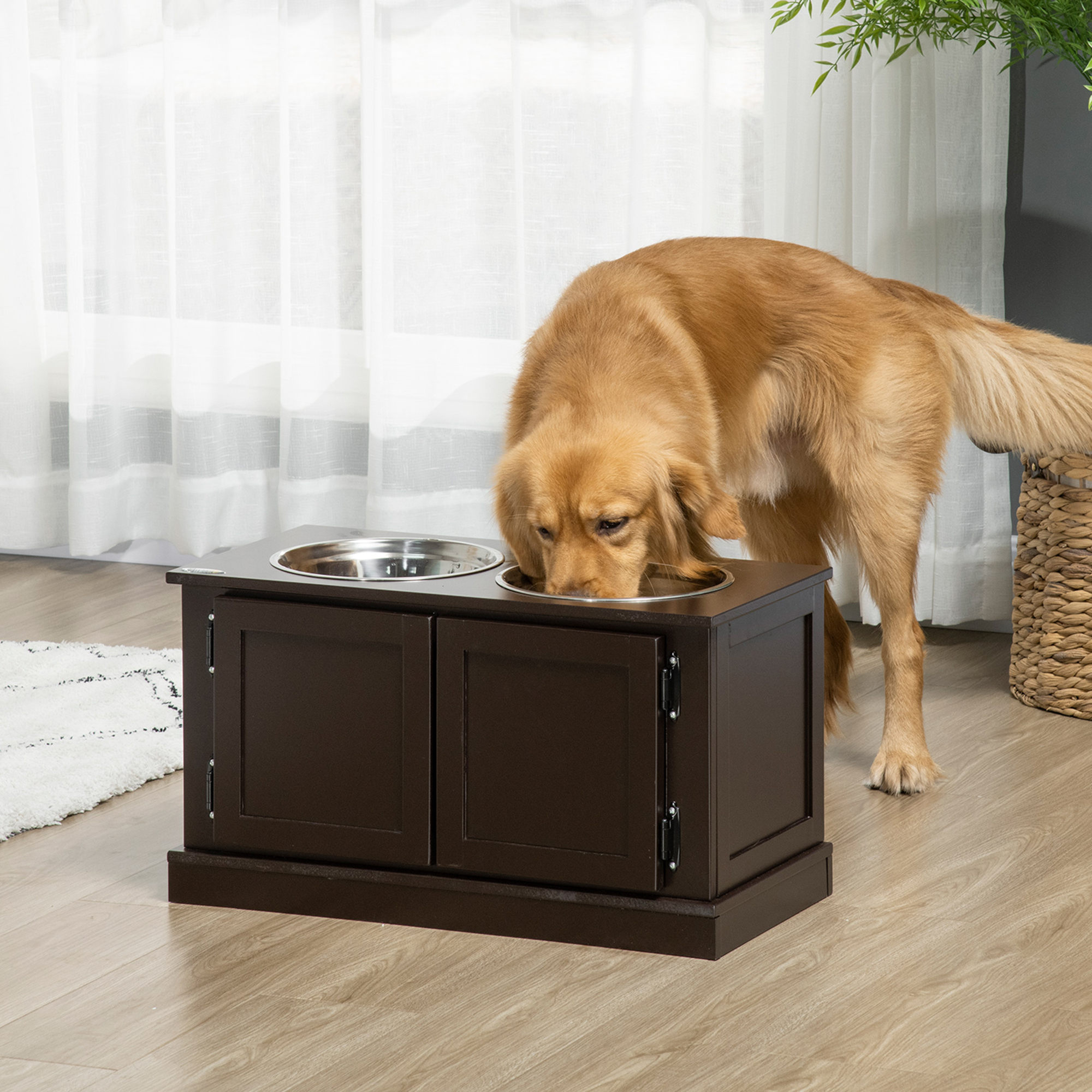 Comedor Elevado para Perros con Almacenamiento, Dos Tazas de Acero Inoxidable para Perros Grandes, Café — imagen 1