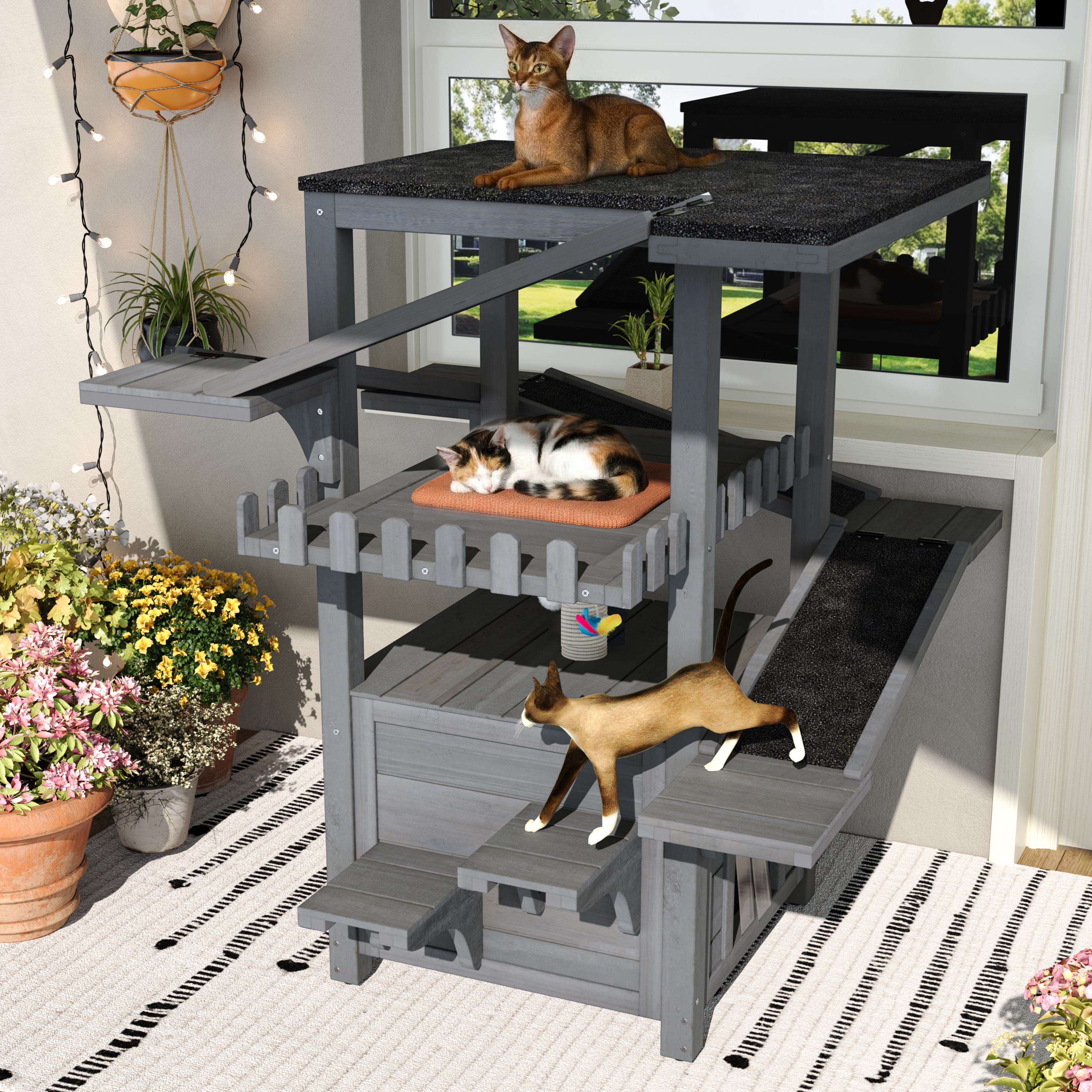 Casa para Gatos de Exterior de 4 Niveles, Torre para Gatos Resistente a la Intemperie con Techo Impermeable y 2 Puertas, Refugio para Gatos Callejeros al Aire Libre, Zonas de Juego de Varios Niveles con Balcón, Para Animales Pequeños, Gris — imagen 3