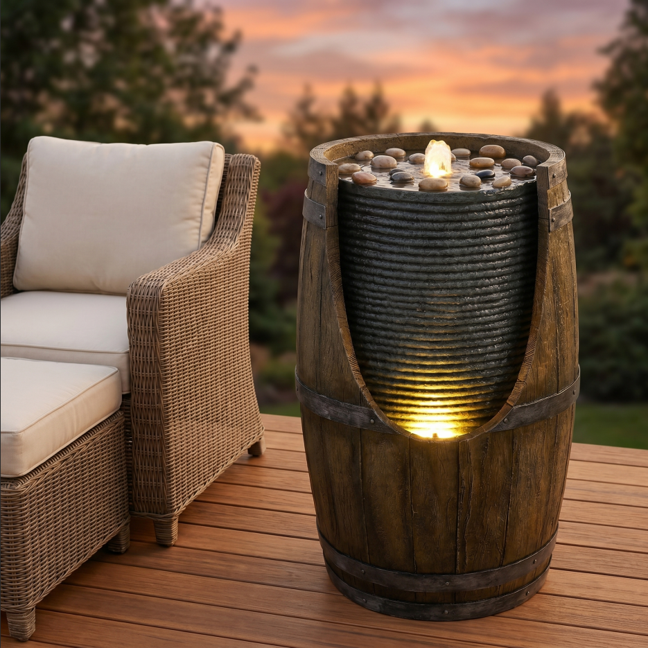 Fuente de Agua para Jardín con Bebedero para Pájaros, Barril Rustico con Luces LED y Bomba, Característica de Madera Falsa en Resina para Patio, Jardín o Porche — imagen 14